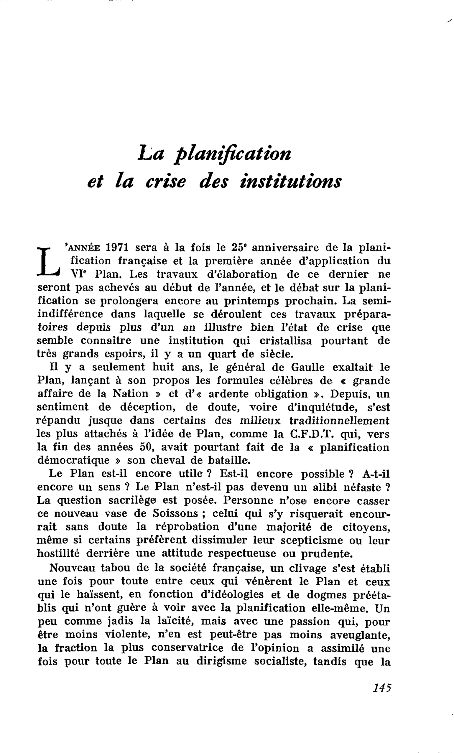 La planification et la crise des institutions