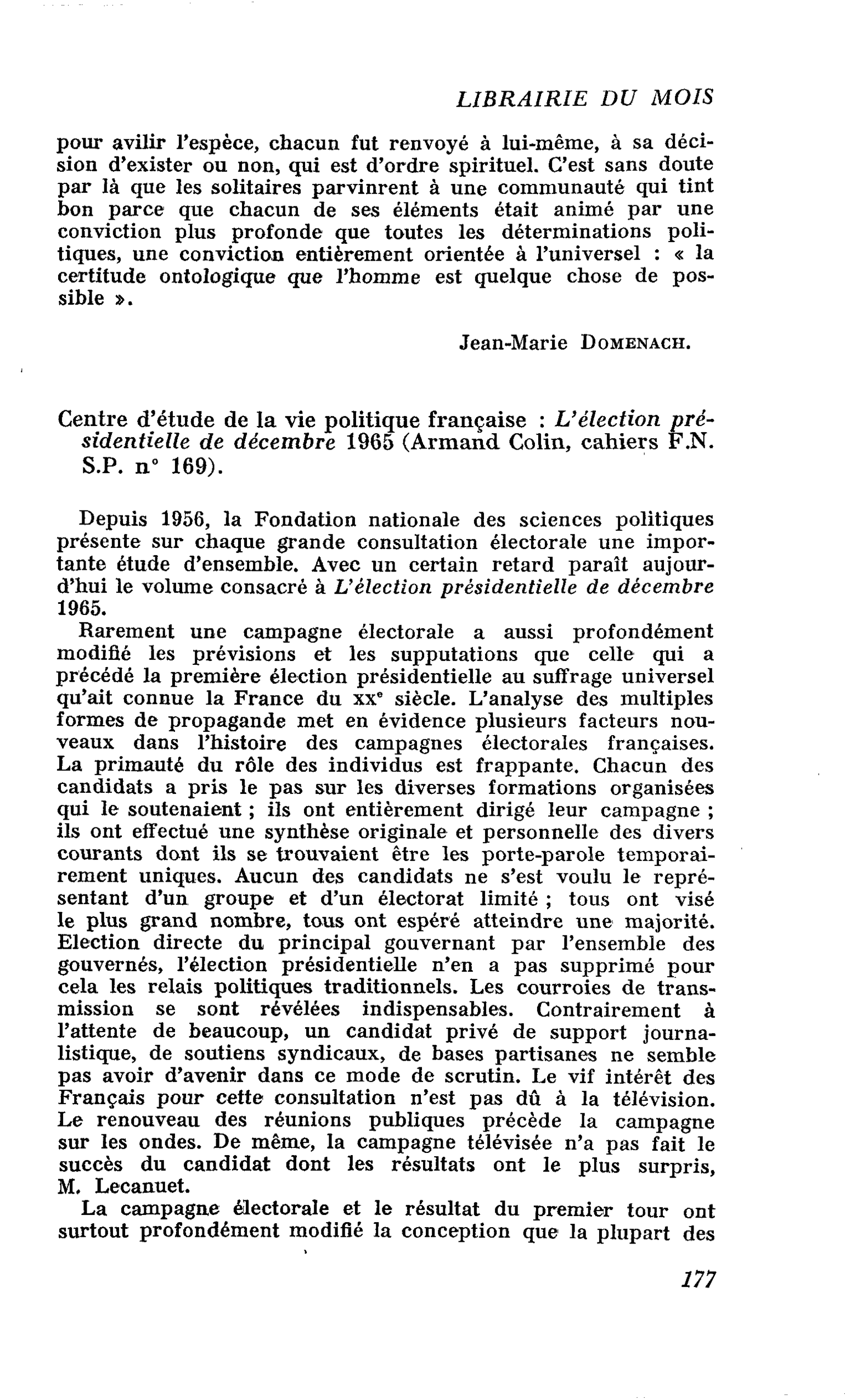 Centre d’étude de la vie politique française : L’élection présidentielle de décembre 1965 (Armand Colin, cahiers F.N. S.P. n° 169)