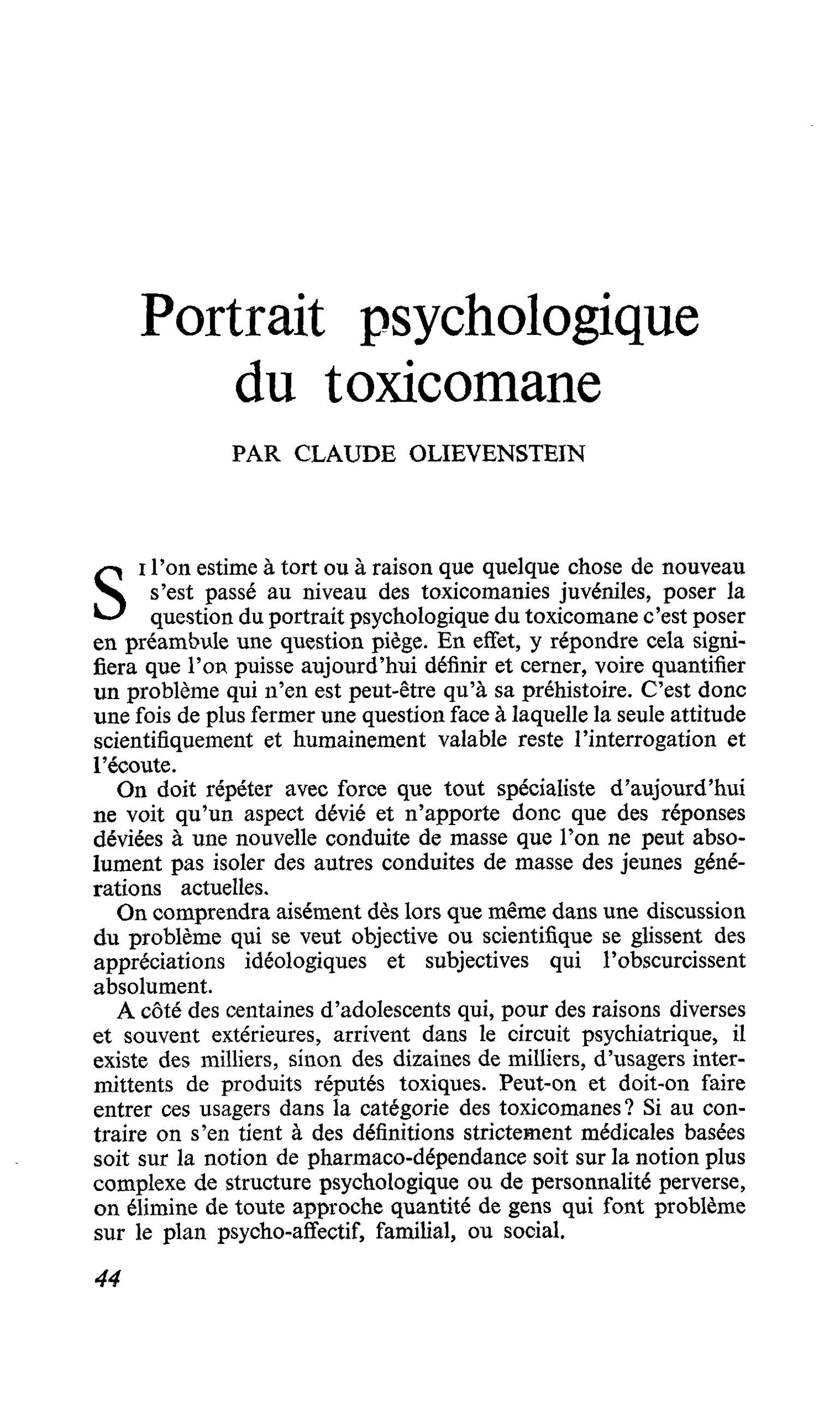 Portrait psychologique du toxicomane