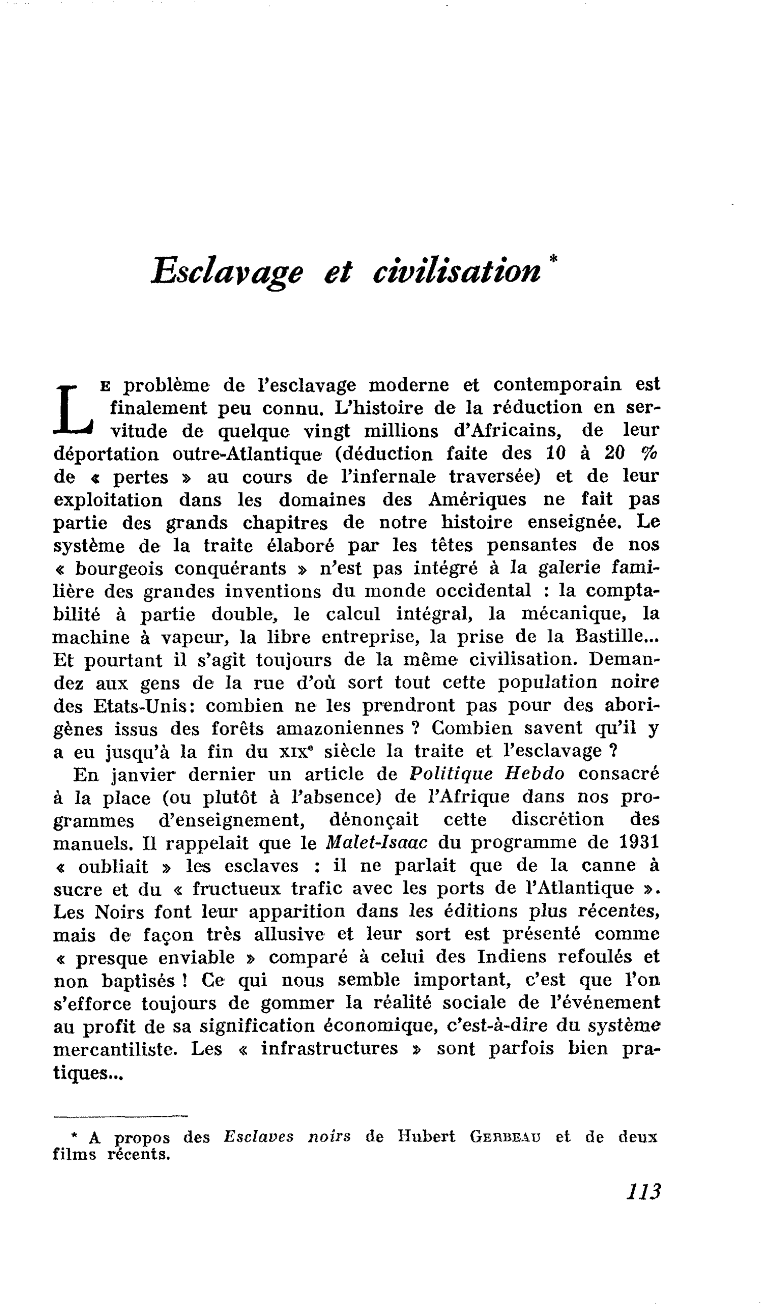 Esclavage et civilisation