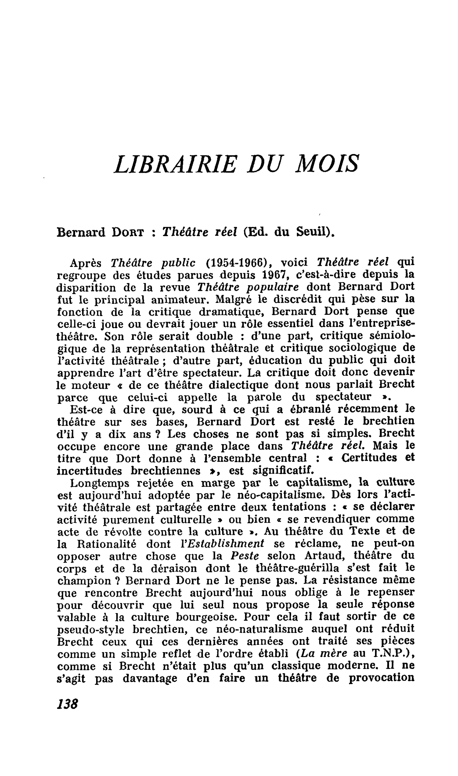 Bernard Dort : Théâtre réel