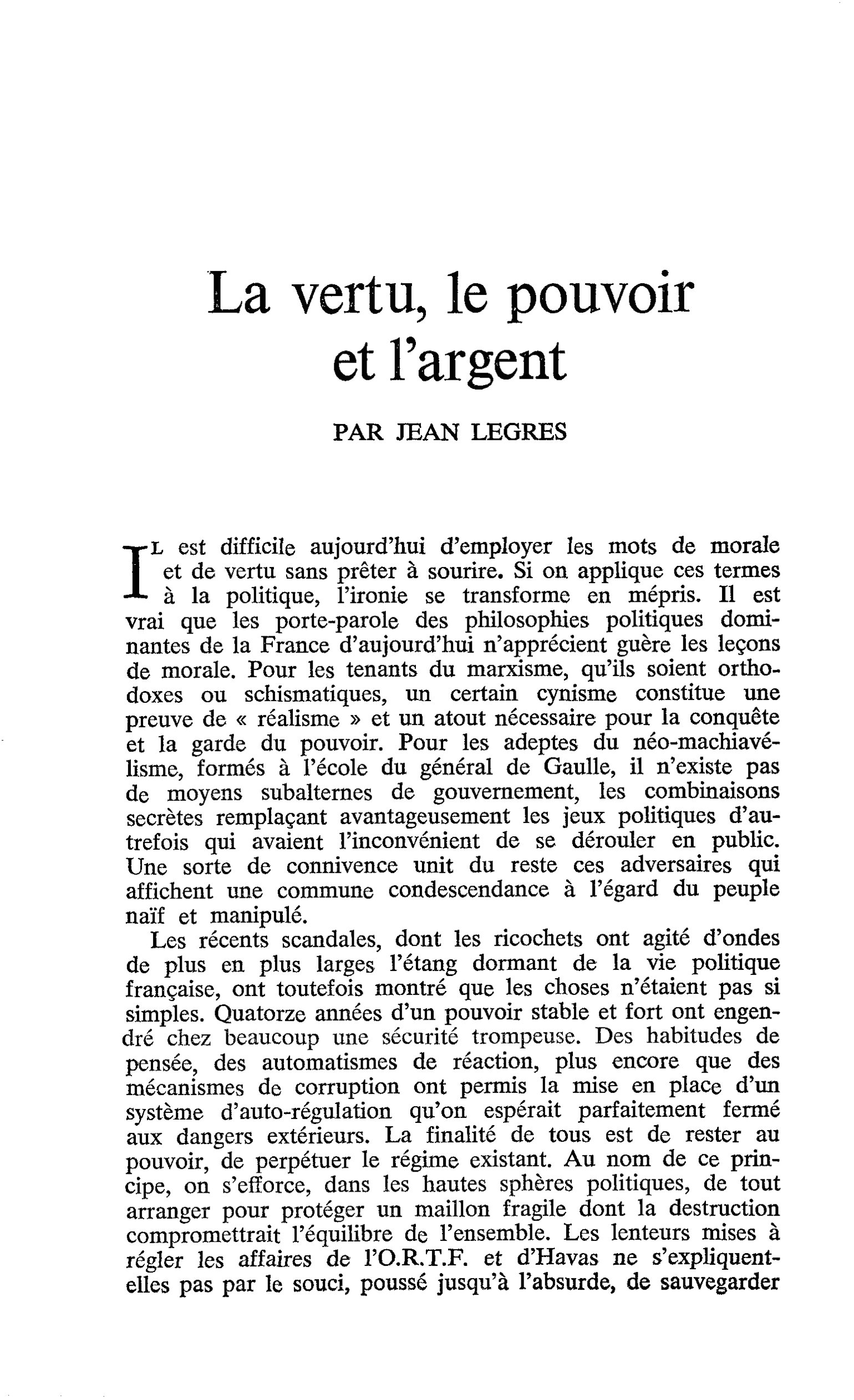 La vertu, le pouvoir et l’argent