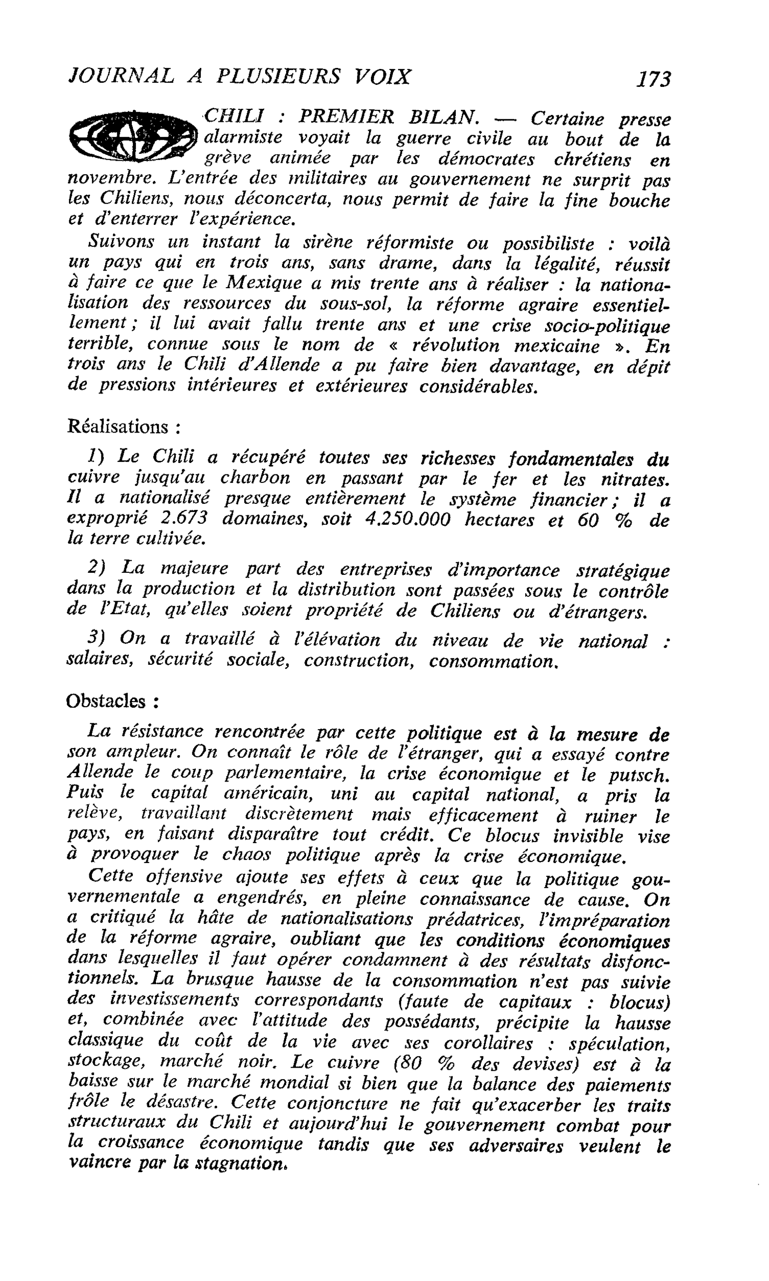 CHILI : PREMIER BILAN
