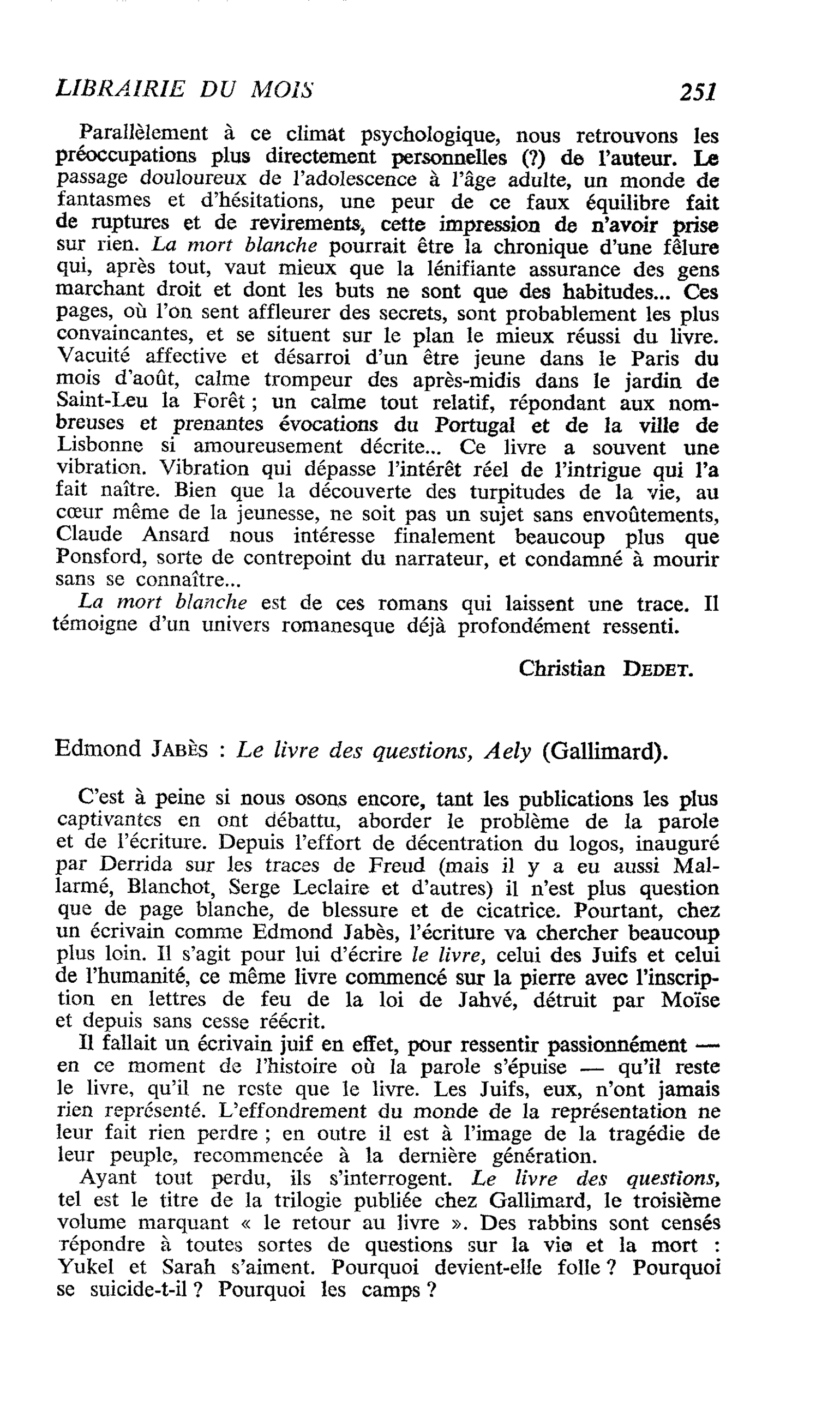 Edmond JabÈs : Le livre des questions, Aely
