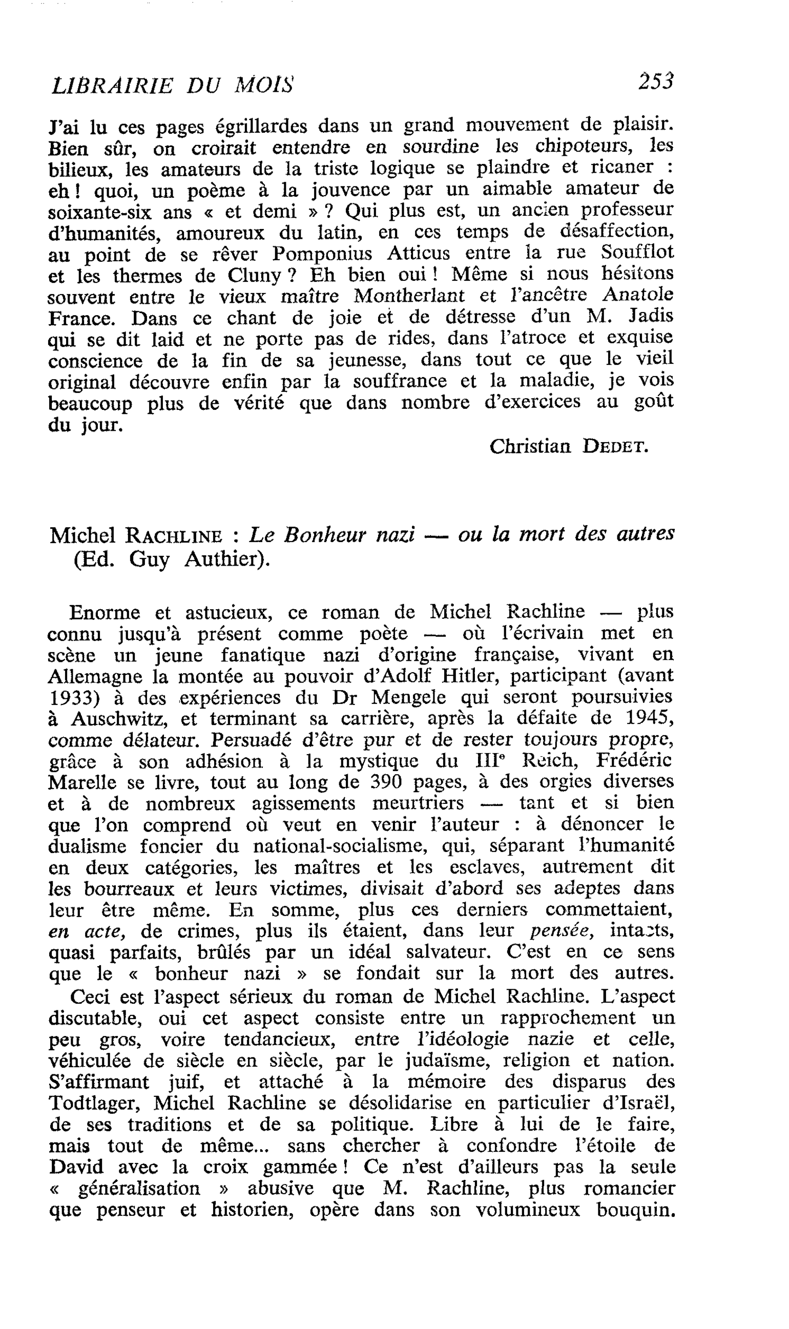 Michel Rachline : Le Bonheur nazi ? ou la mort des autres