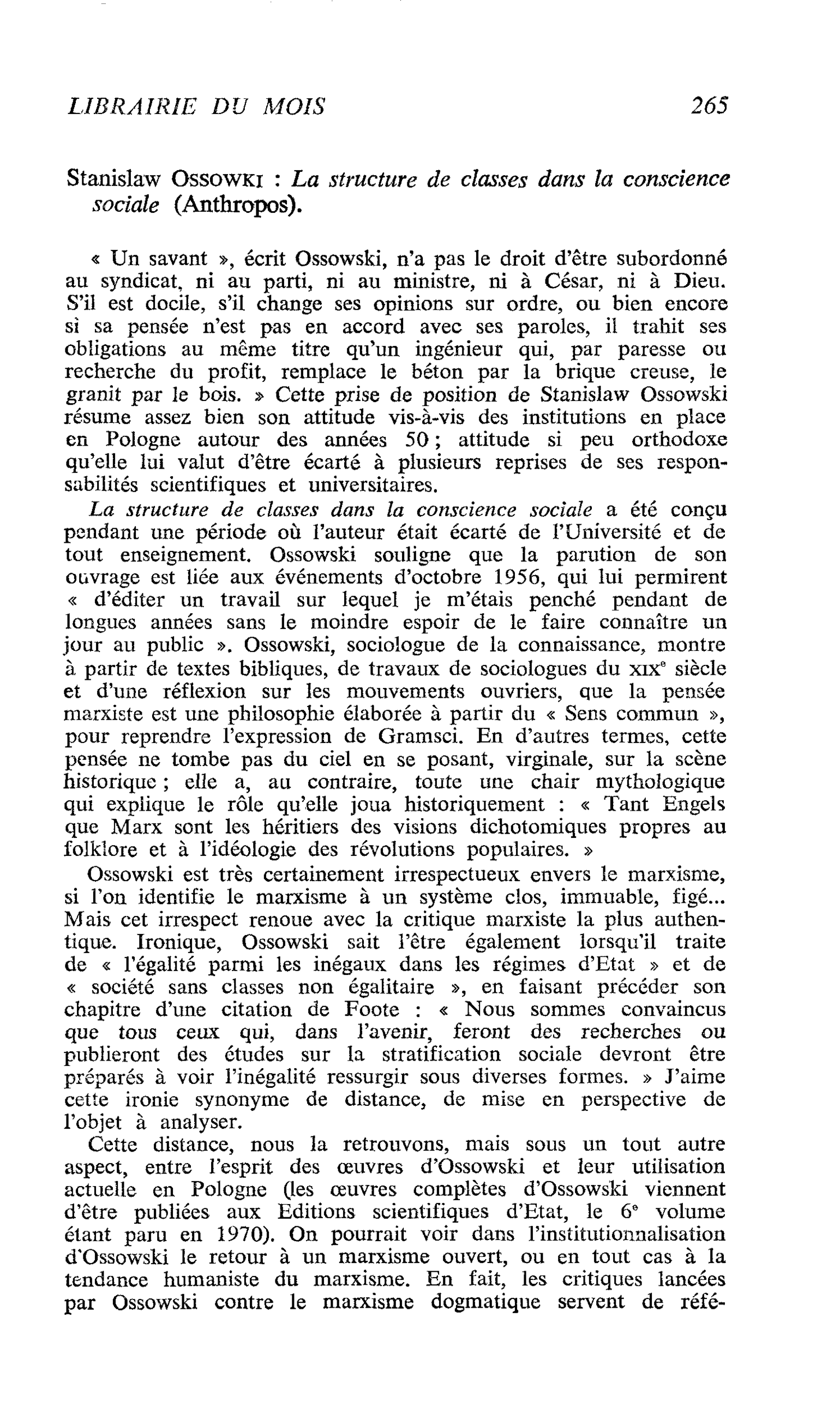 Stanislaw Ossowki : La structure de classes dans la conscience sociale