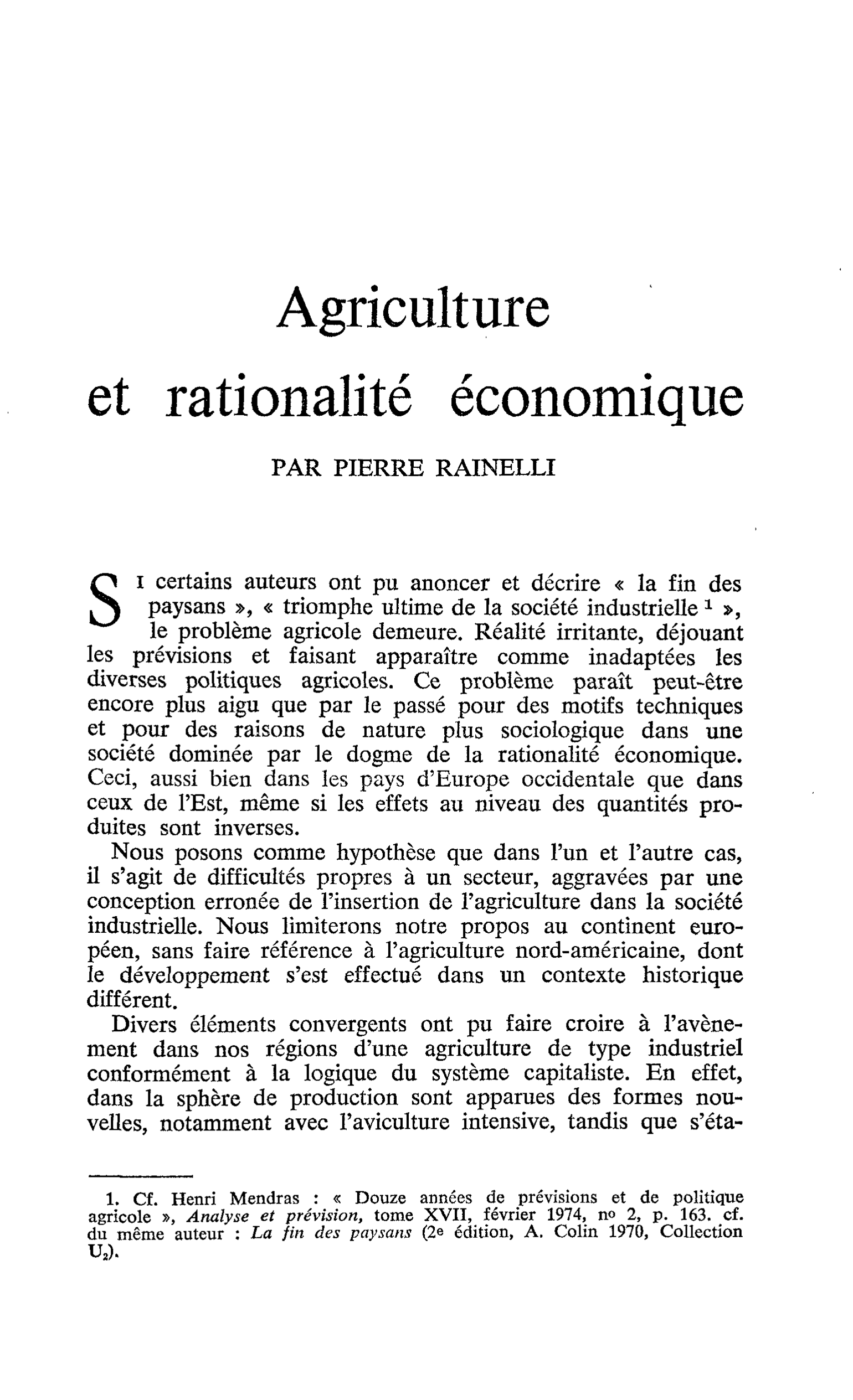 Agriculture et rationalité économique