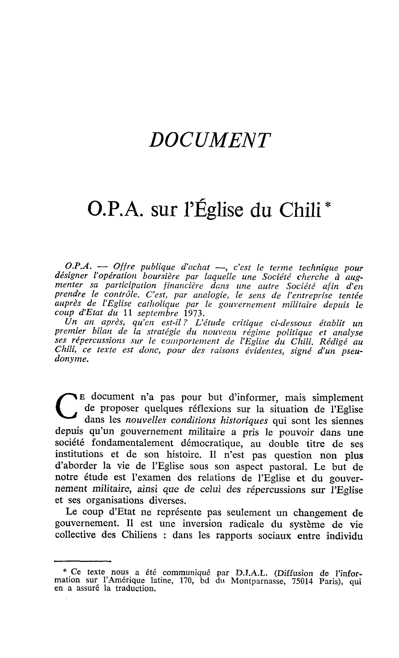 O.P.A. sur l’Église du Chili