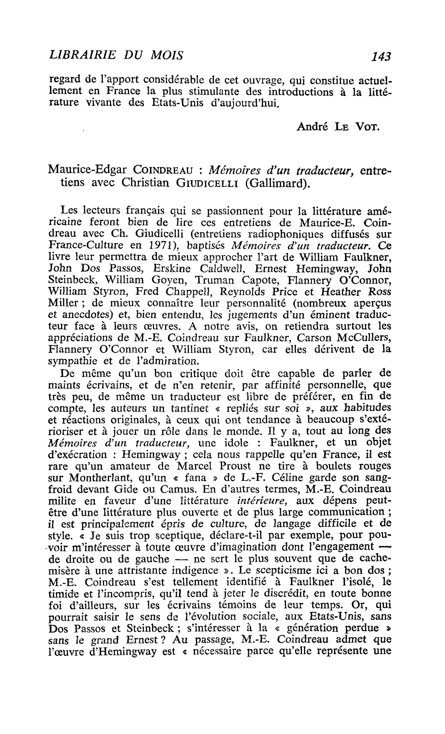Maurice-Edgar Coindreau : Mémoires d’un traducteur, 