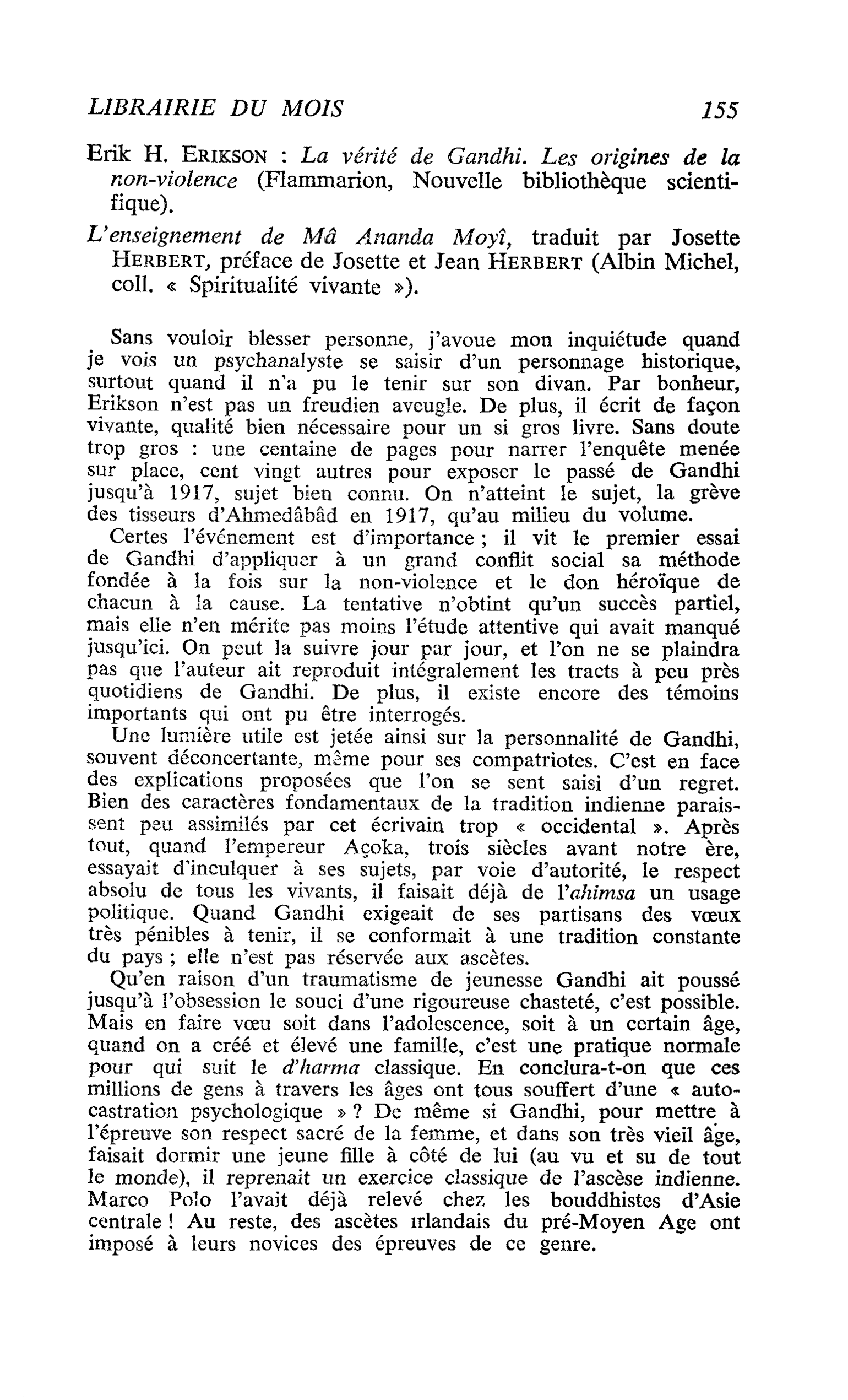 Erik H. ERIKSON : La vérité de Gandhi. Les origines de la non-violence. L’enseignement de Mâ Ananda Moyî