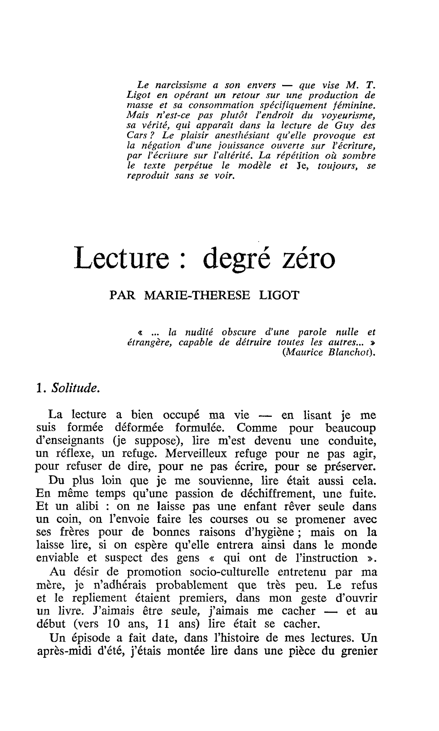 Lecture : degré zéro