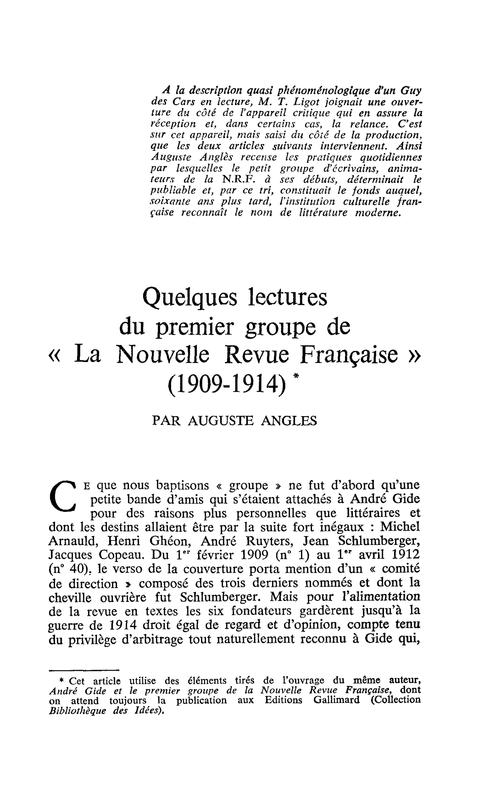 Quelques lectures du premier groupe de « La Nouvelle Revue Française » (1909-1914)