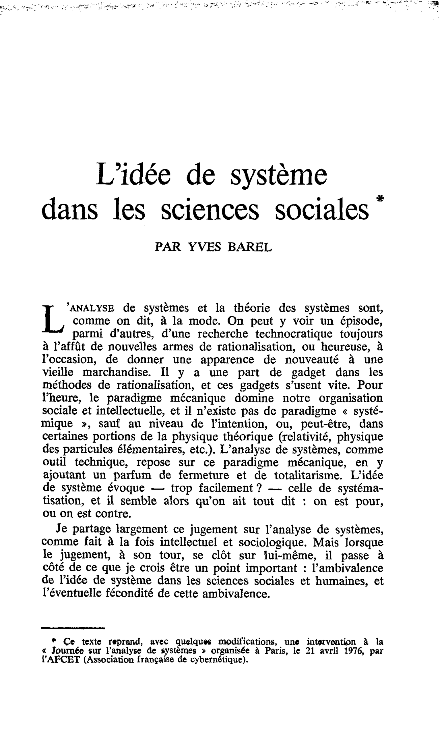L’idée de système dans les sciences sociales