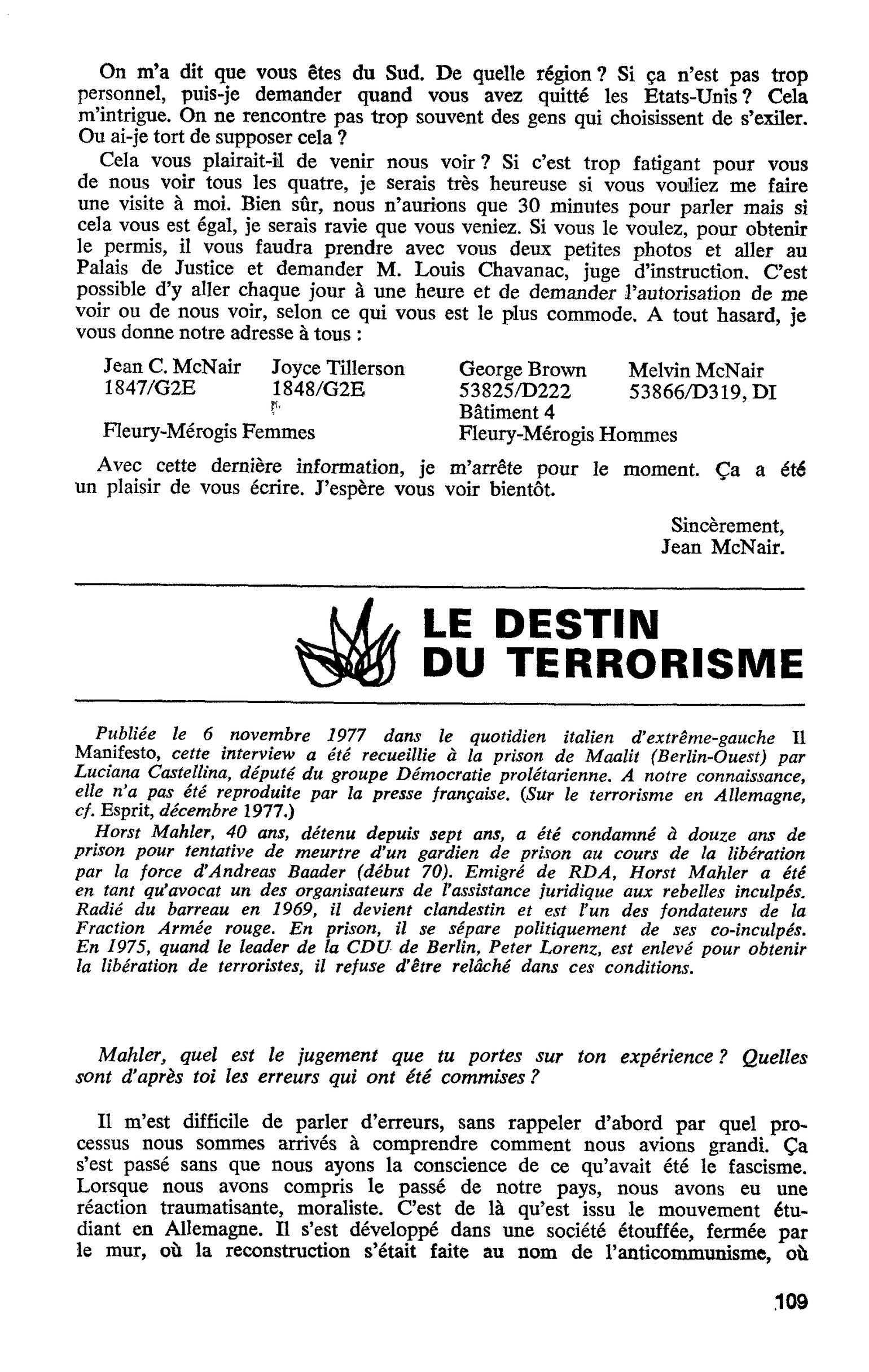 LE DESTIN DU TERRORISME