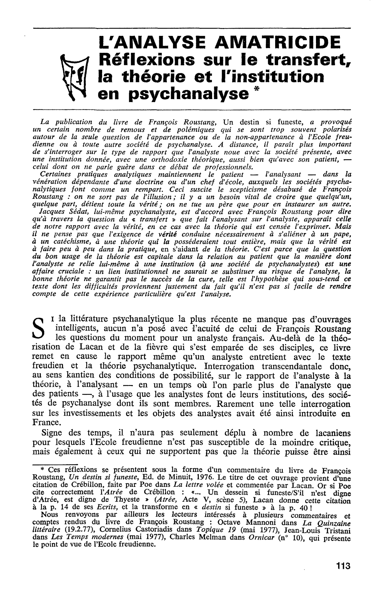 L’ANALYSE AMATRICIDE. Réflexions sur le transfert, la théorie et l’institution en psychanalyse
