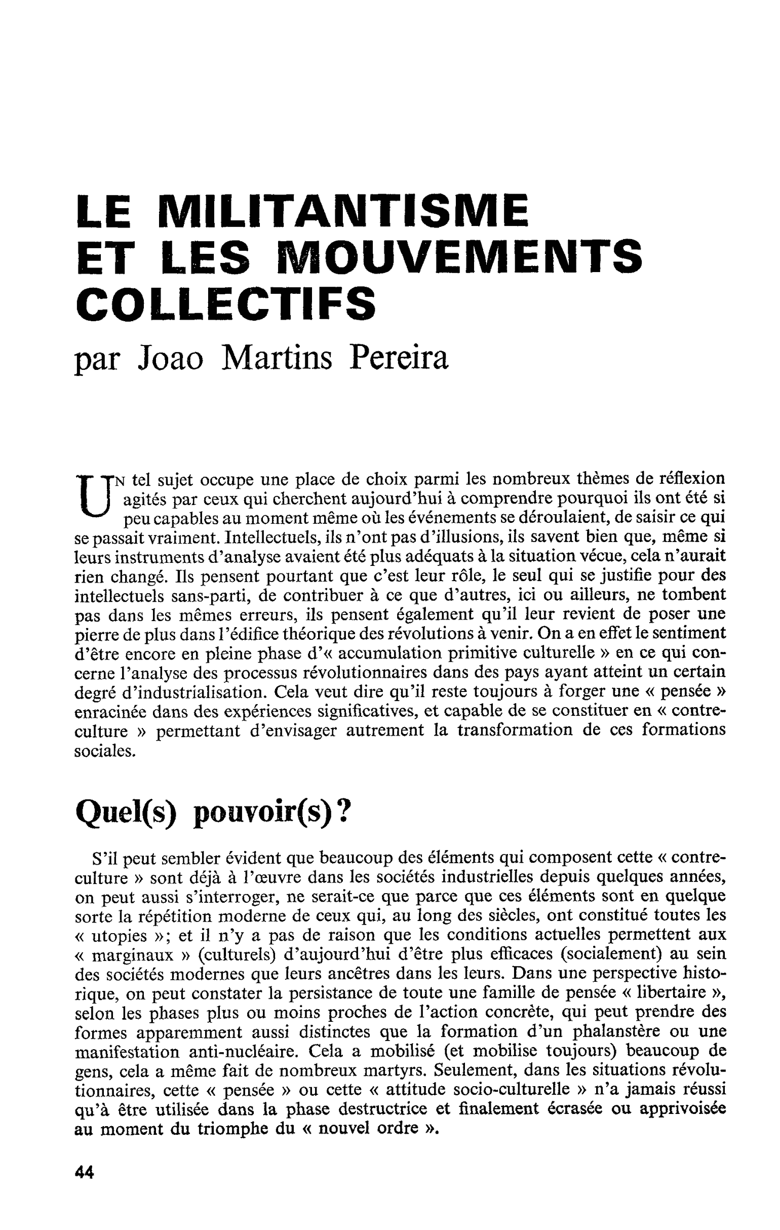 LE MILITANTISME ET LES MOUVEMENTS COLLECTIFS