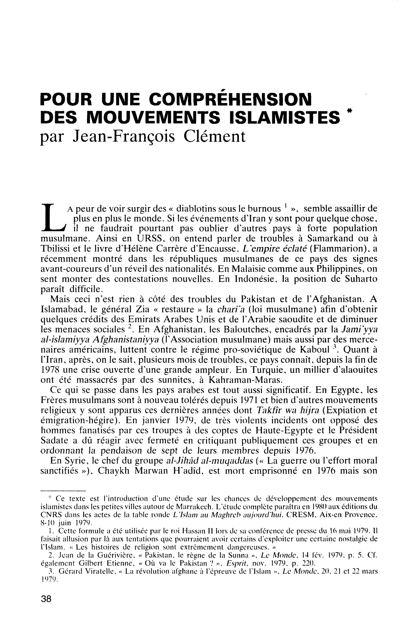 POUR UNE COMPREHENSION DES MOUVEMENTS ISLAMISTES