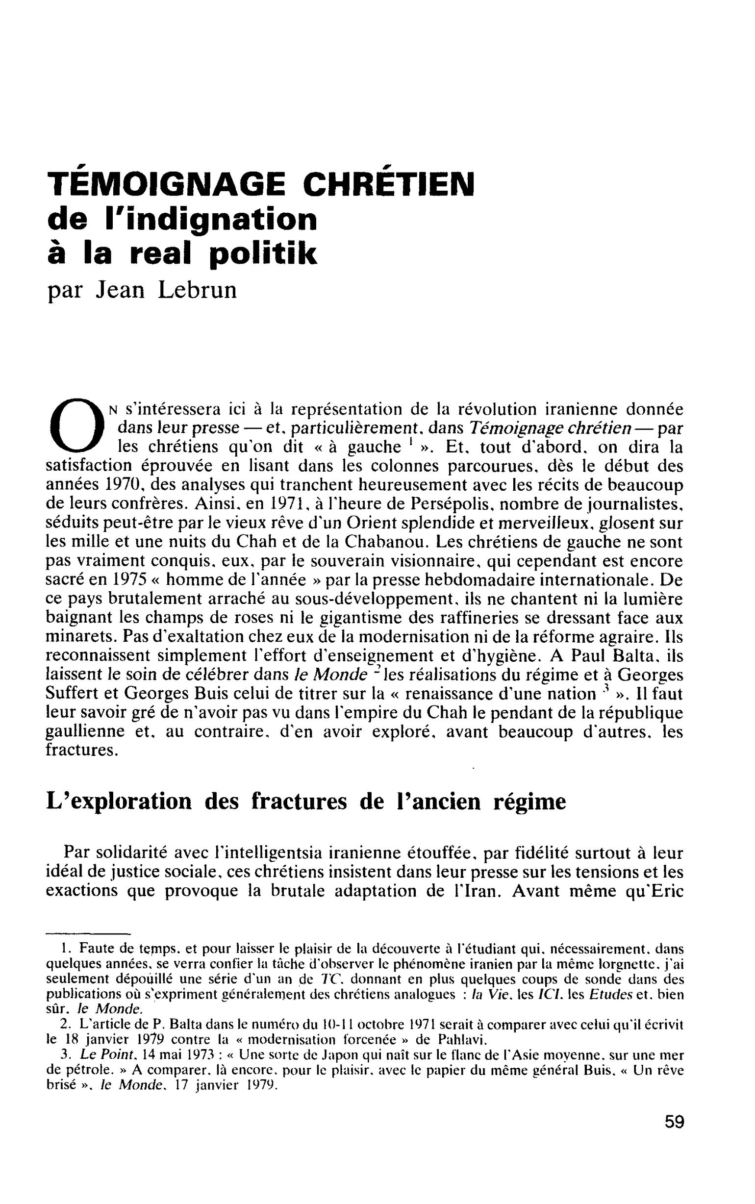 TÉMOIGNAGE CHRETIEN de l’indignation à la real politik