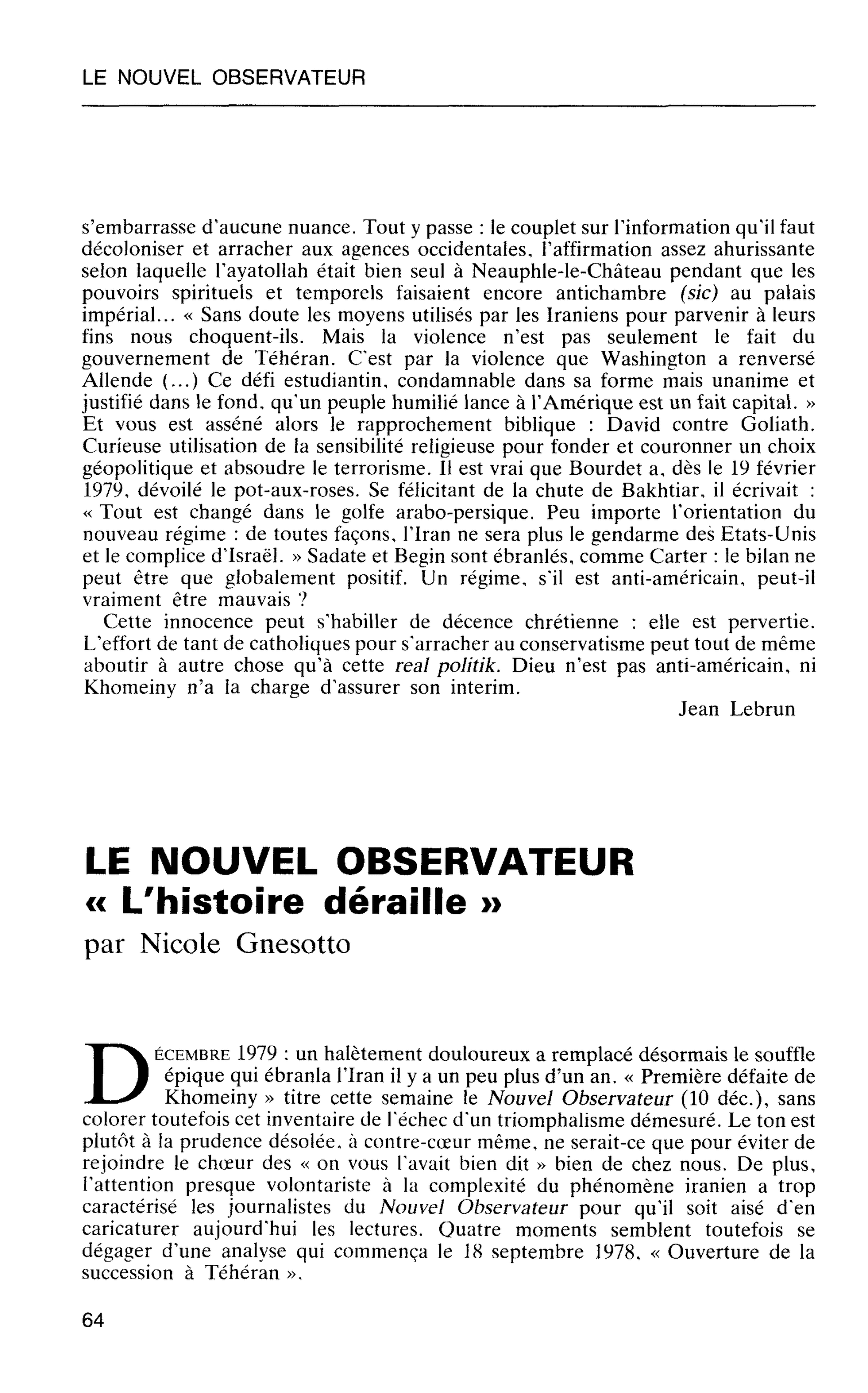 LE NOUVEL OBSERVATEUR. « L’histoire déraille »