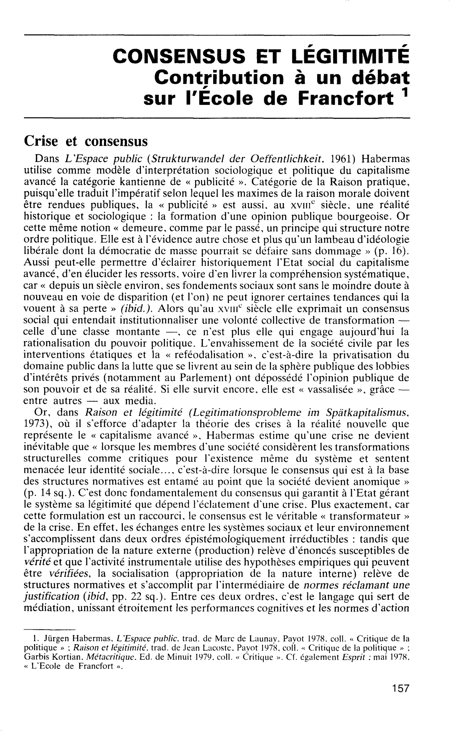 CONSENSUS ET LÉGITIMITE. Contribution à un débat sur l’École de Francfort