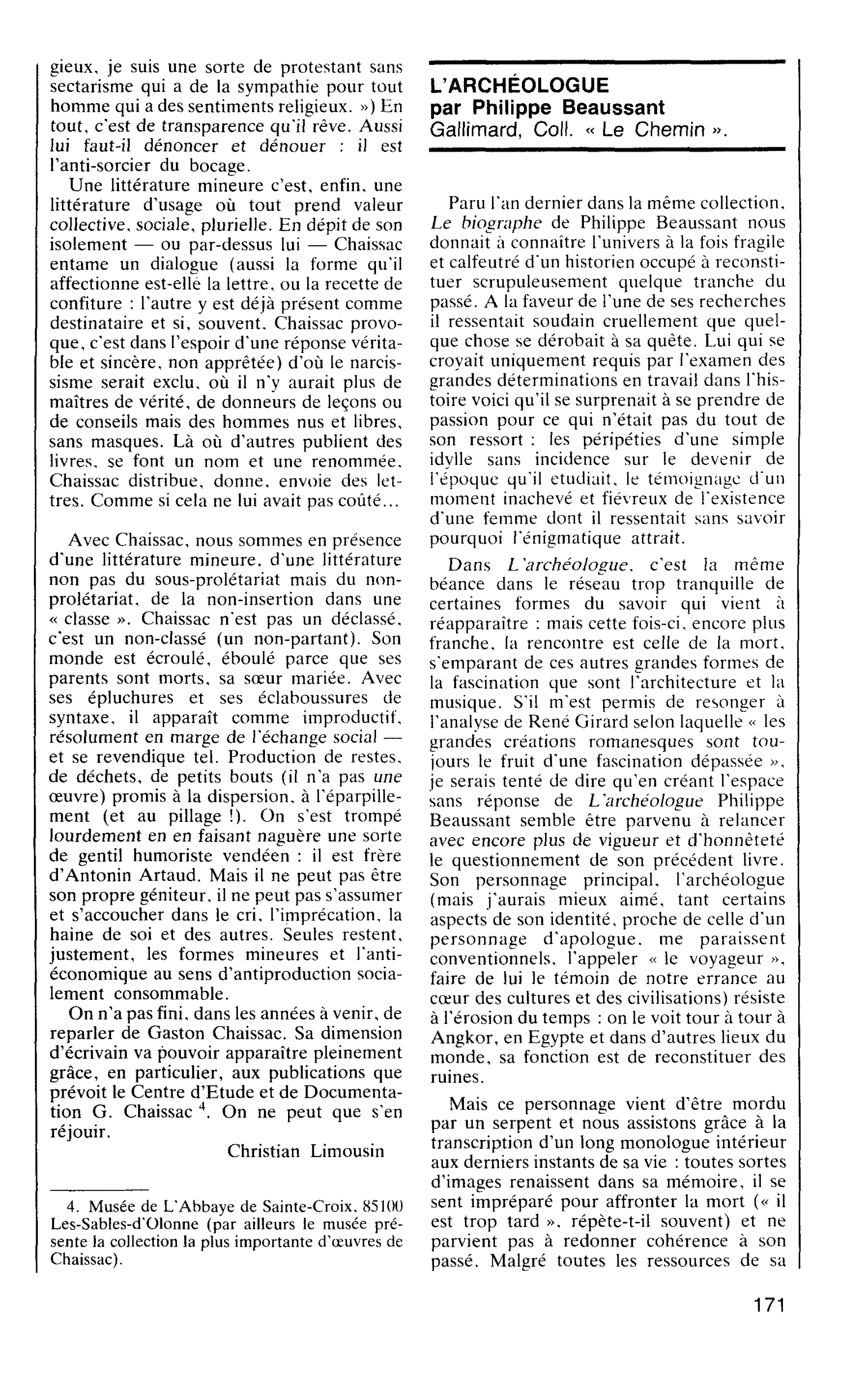 L’ARCHÉOLOGUE par Philippe Beaussant