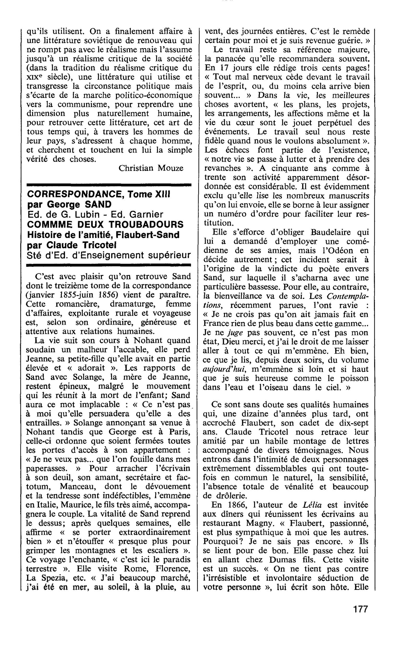 CORRESPONDANCE, Tome XIII par George. SAND COMME DEUX TROUBADOURS. Histoire de l’amitié, Flaubert-Sand par Claude Tricotel