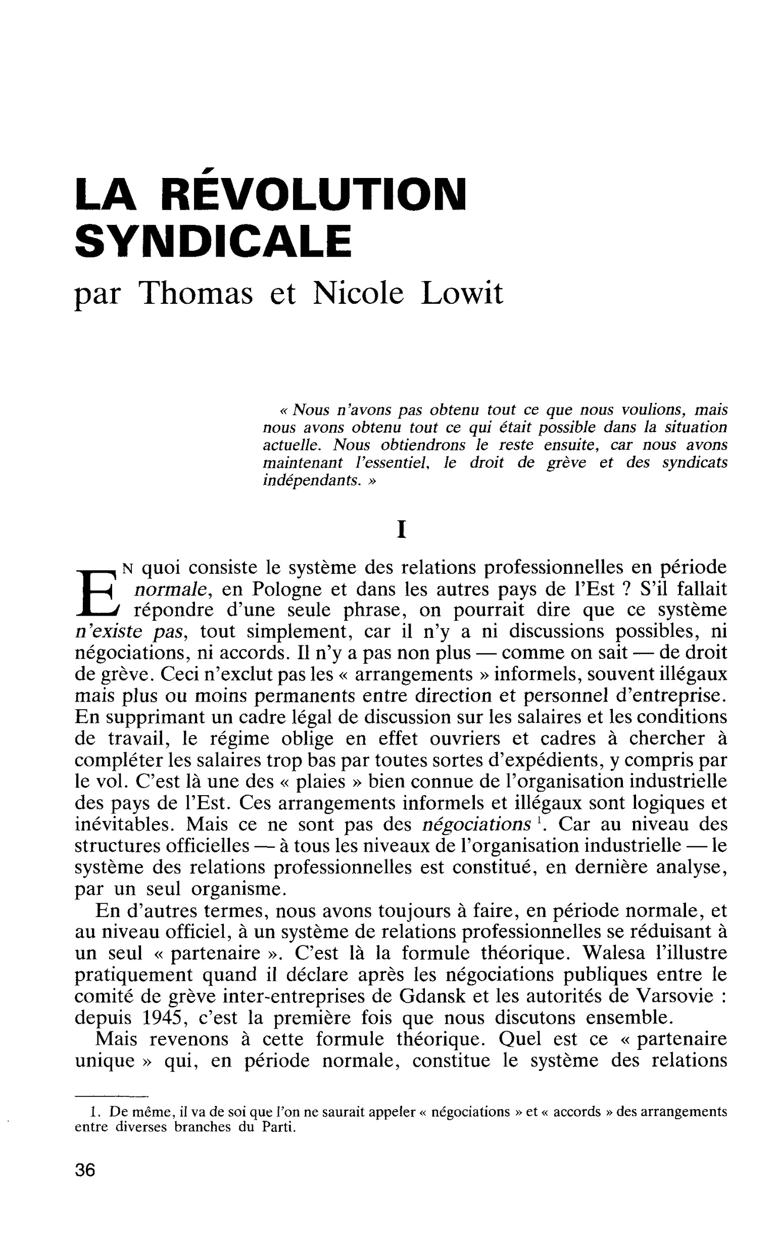 LA RÉVOLUTION SYNDICALE