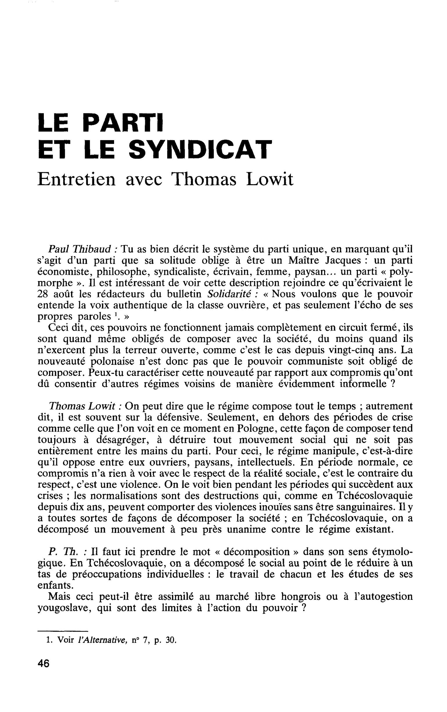 LE PARTI ET LE SYNDICAT. Entretien avec Thomas Lowit