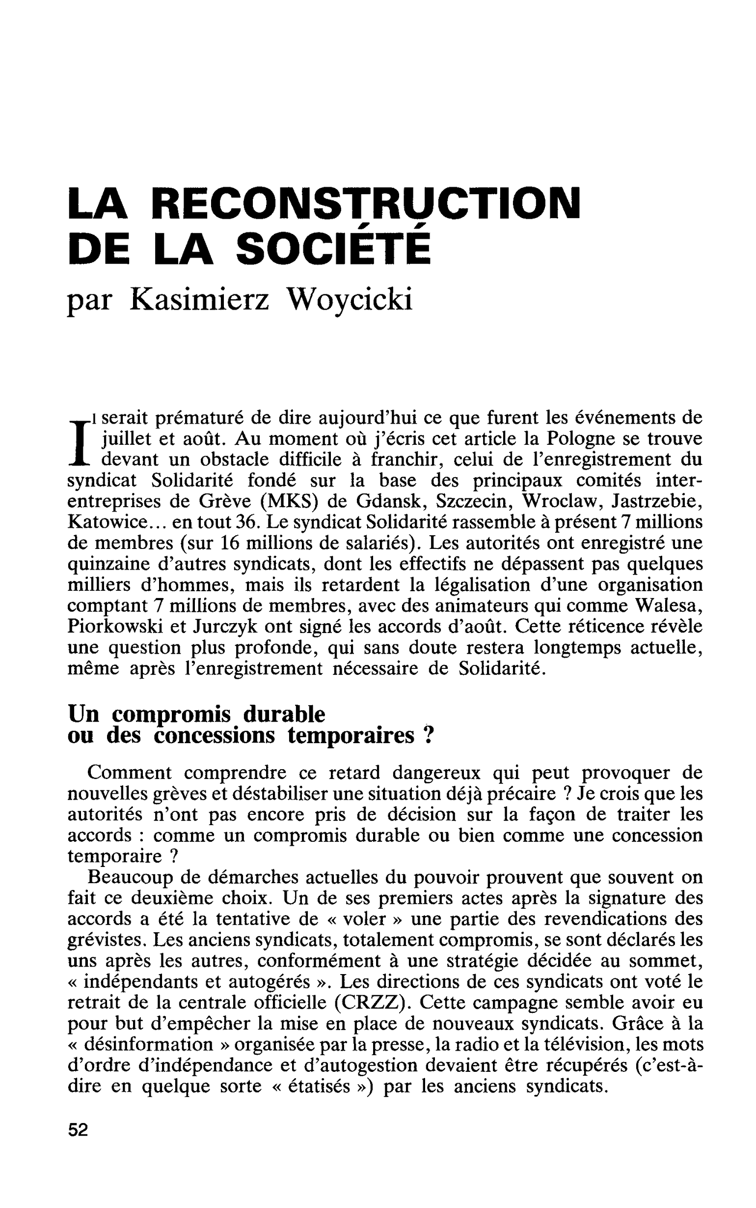 LA RECONSTRUCTION DE LA SOCIÉTÉ