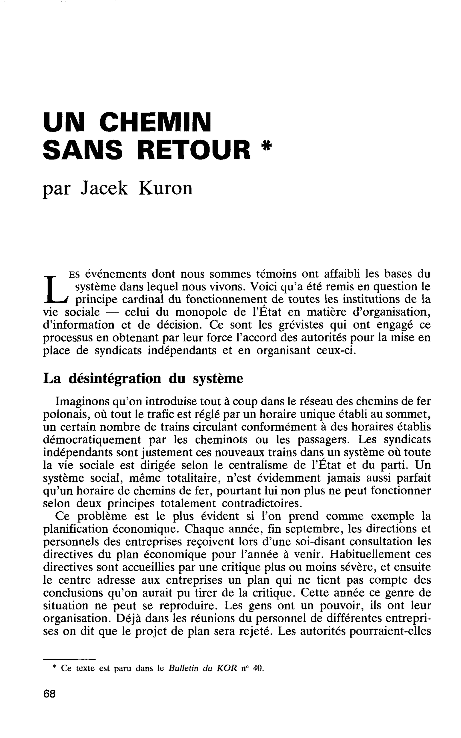 UN CHEMIN SANS RETOUR