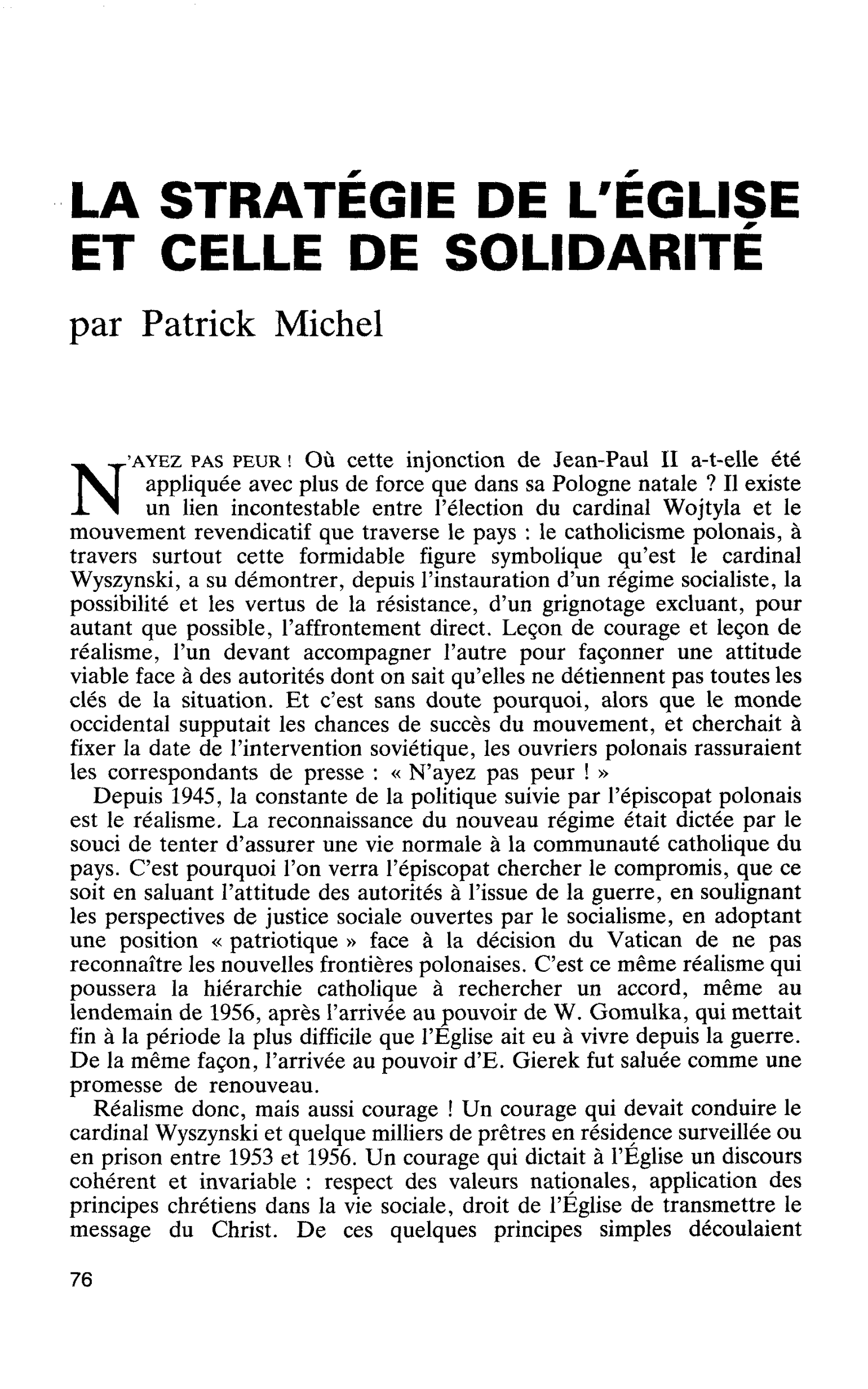 LA STRATEGIE DE L’EGLISE ET CELLE DE SOLIDARITÉ