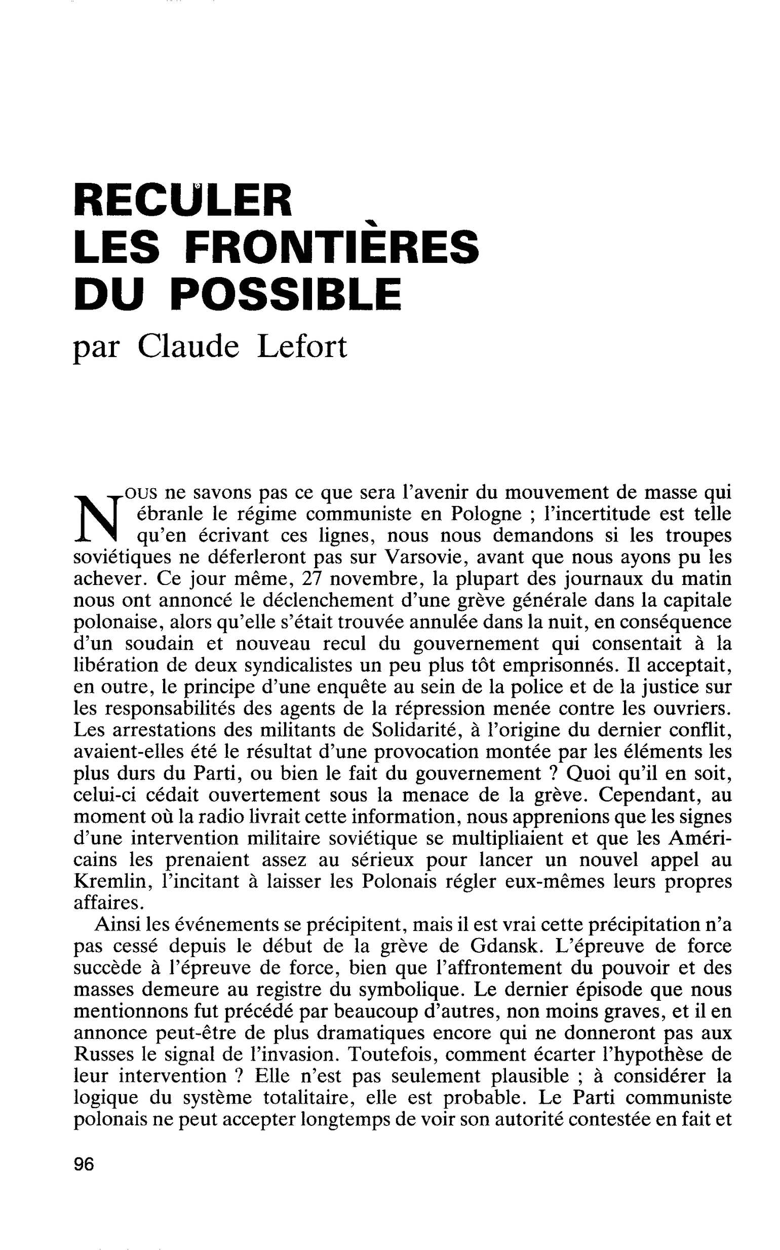 RECULER LES FRONTIÈRES DU POSSIBLE