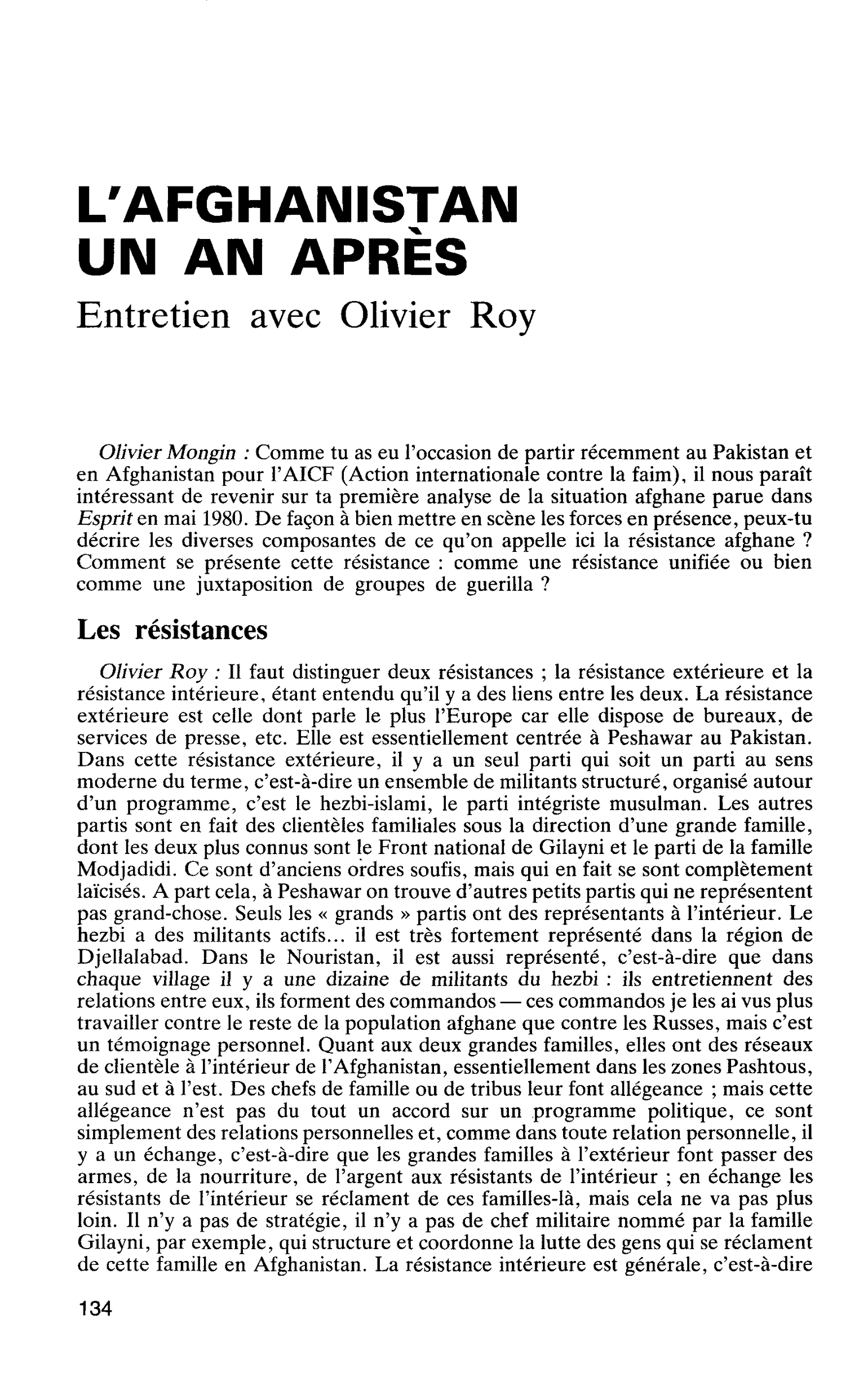 L’AFGHANISTAN UN AN APRÈS. Entretien avec Olivier Roy