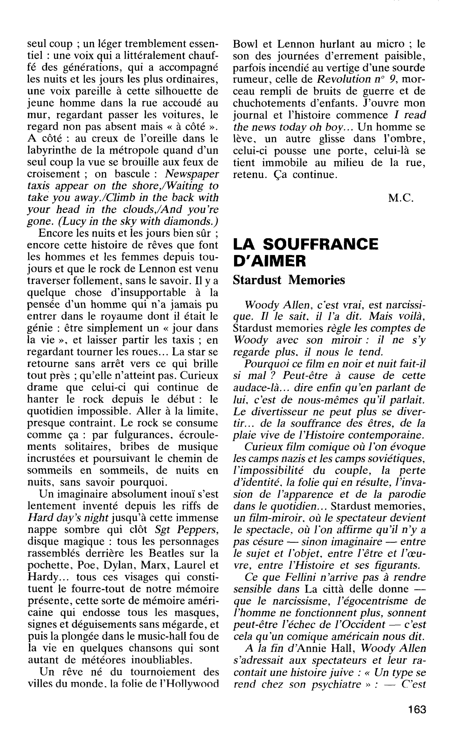 LA SOUFFRANCE D’AIMER. Stardust Memories