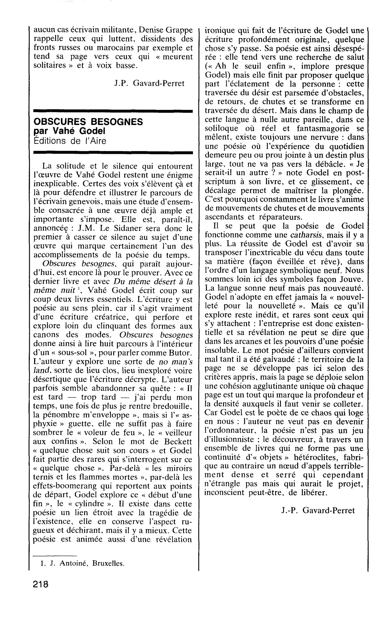 OBSCURES BESOGNES par Vahé Godel