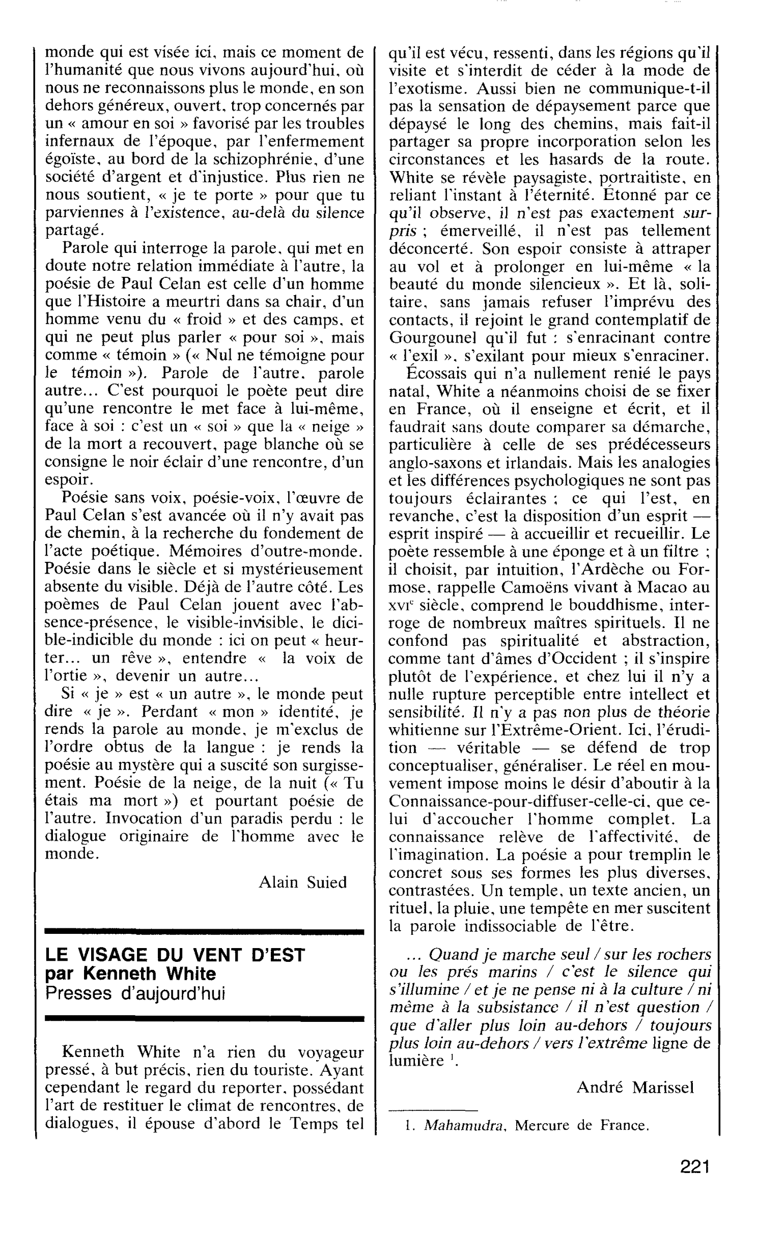 LE VISAGE DU VENT D’EST par Kenneth White