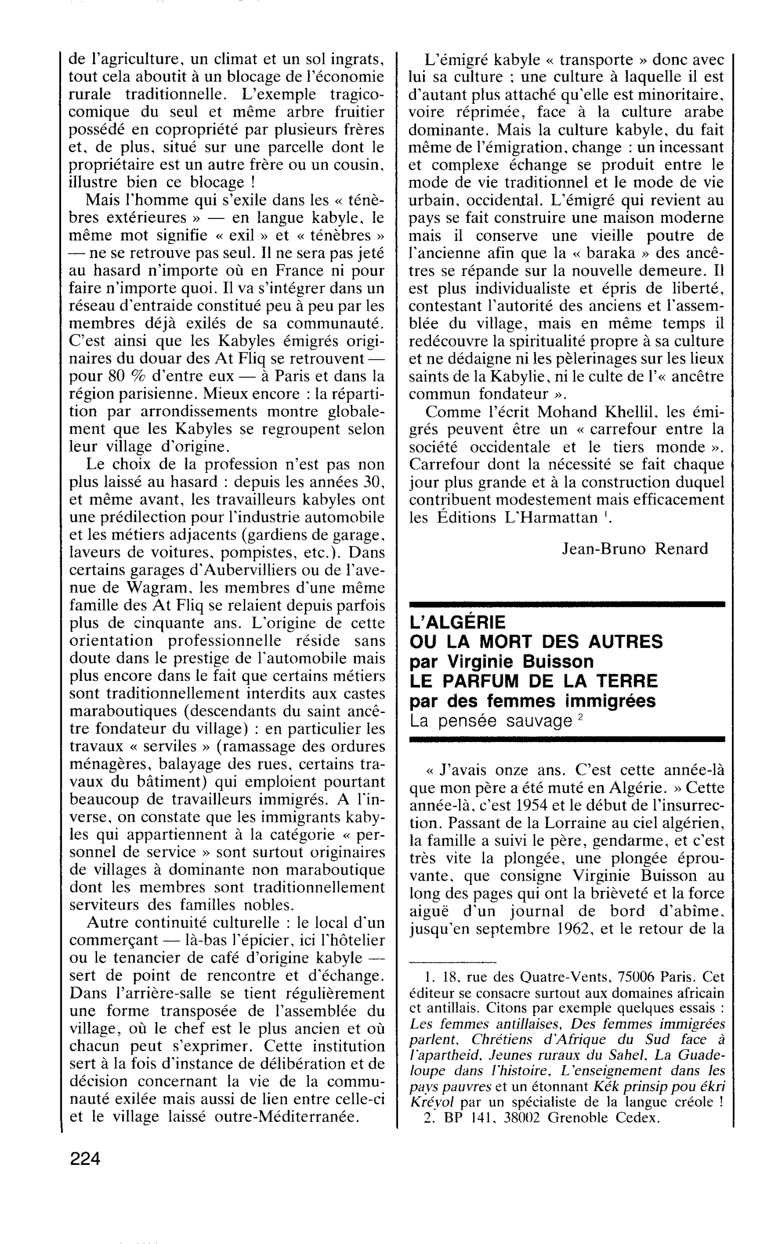 L’ALGERIE OU LA MORT DES AUTRES par Virginie Buisson. LE PARFUM DE LA TERRE par des femmes immigrées