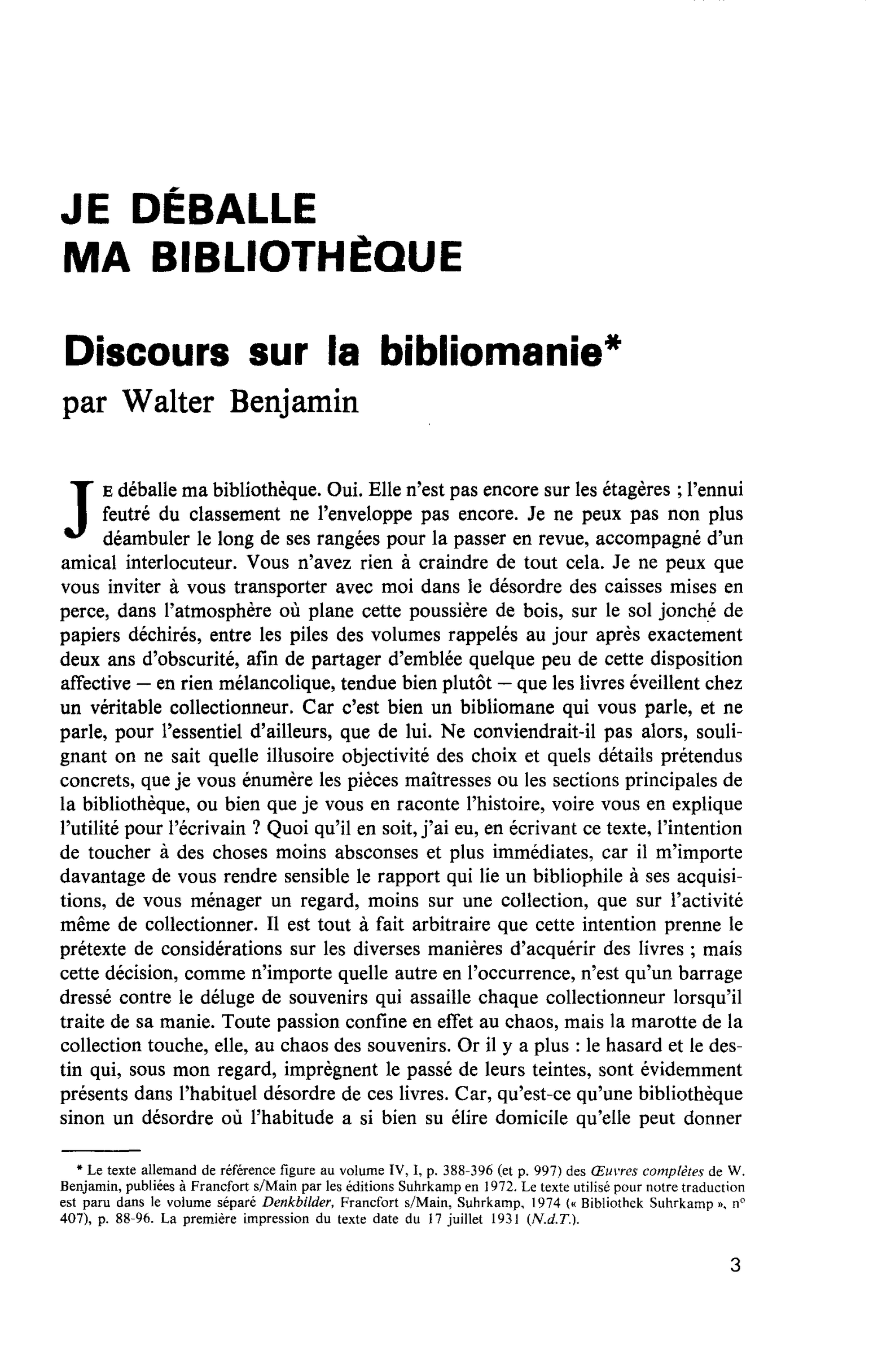 Je déballe ma bibliothèque. Discours sur la bibliomanie | Walter Benjamin