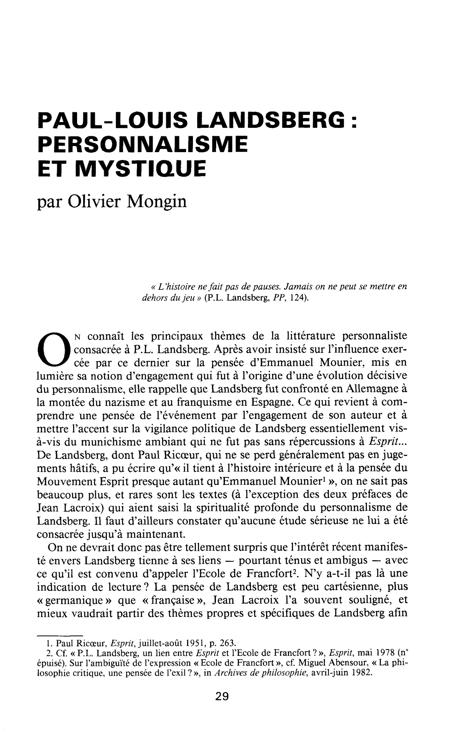 PAUL-LOUIS LANDSBERG : PERSONNALISME ET MYSTIQUE