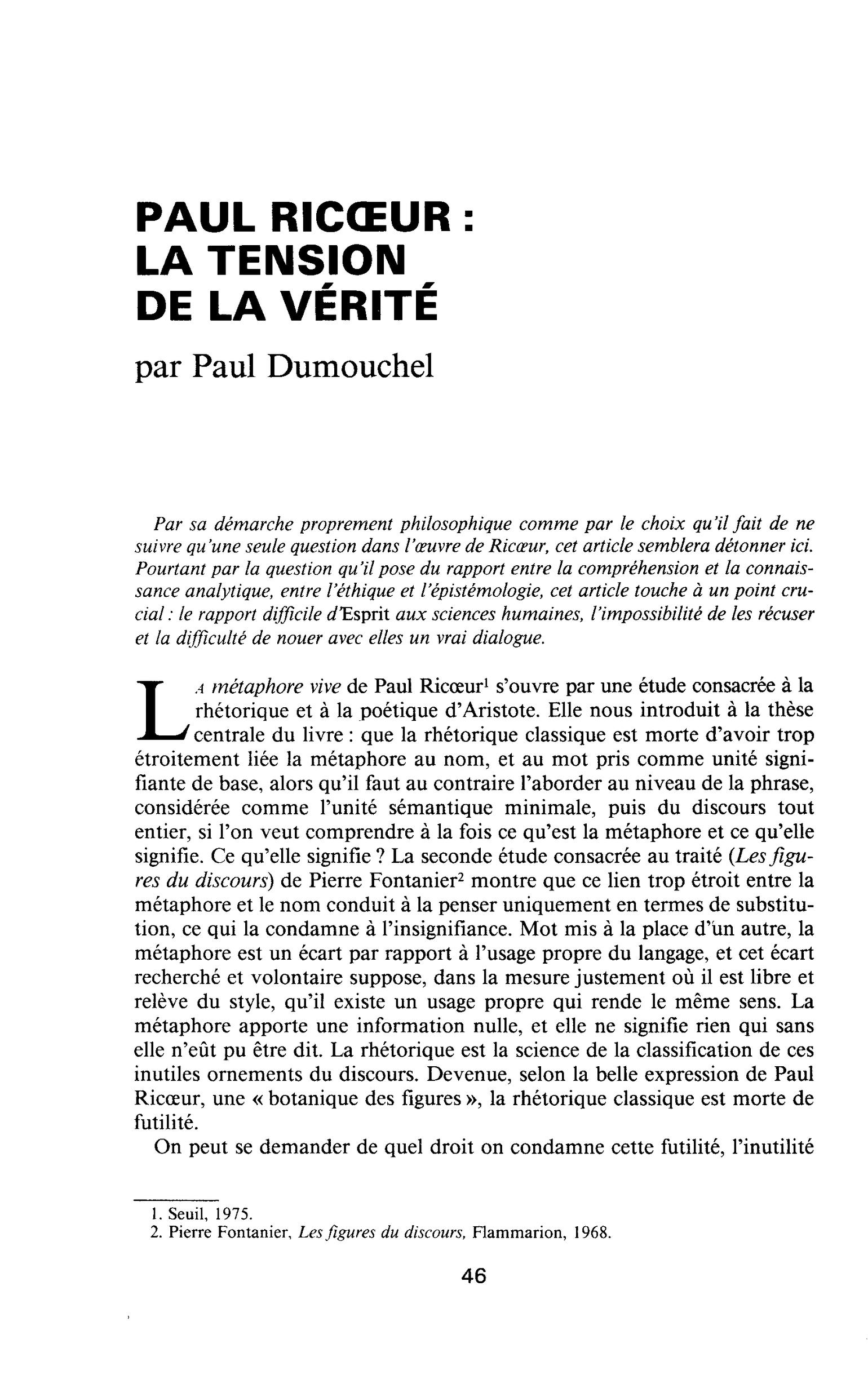 PAUL RICOEUR : LA TENSION DE LA VÉRITÉ
