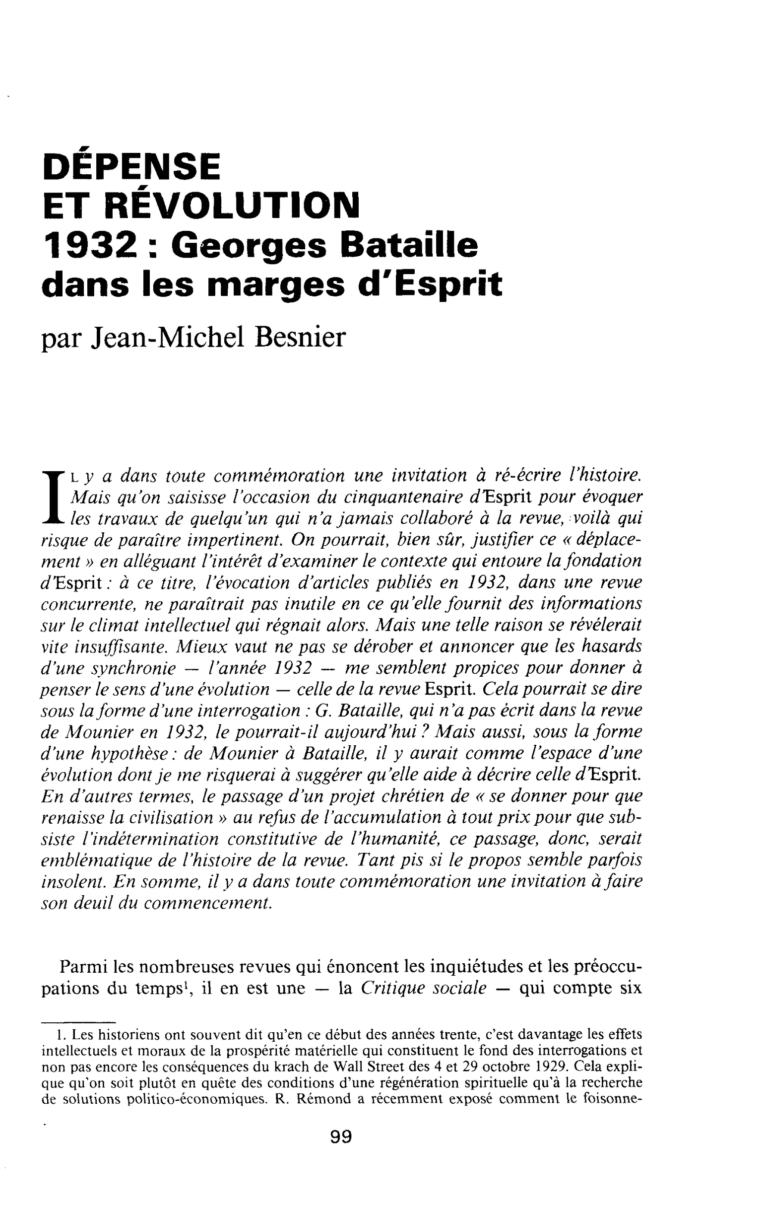 DÉPENSE ET RÉVOLUTION 1932 : Georges Bataille dans les marges d’Esprit