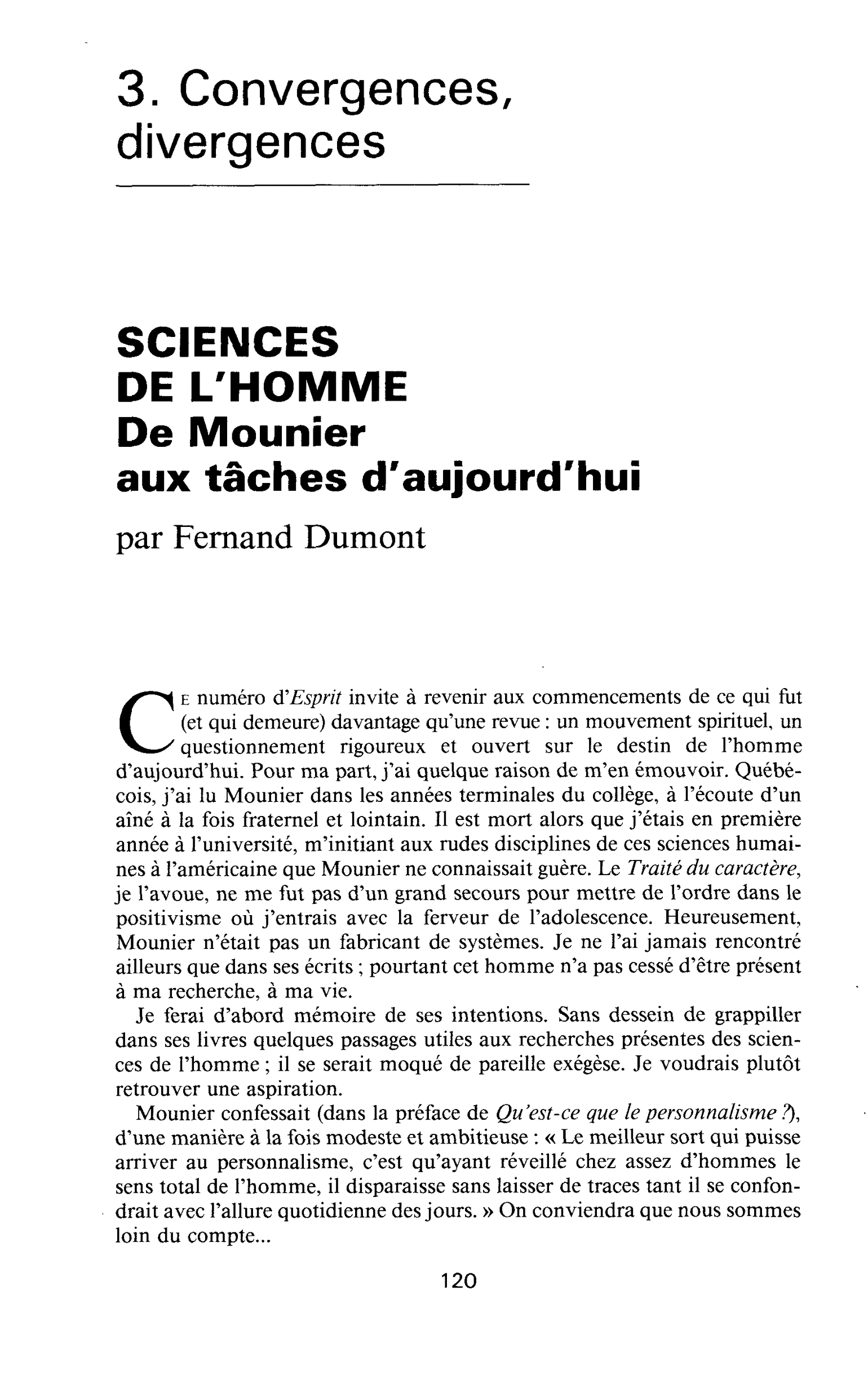 SCIENCES DE L’HOMME. De Mounier aux tâches d’aujourd’hui