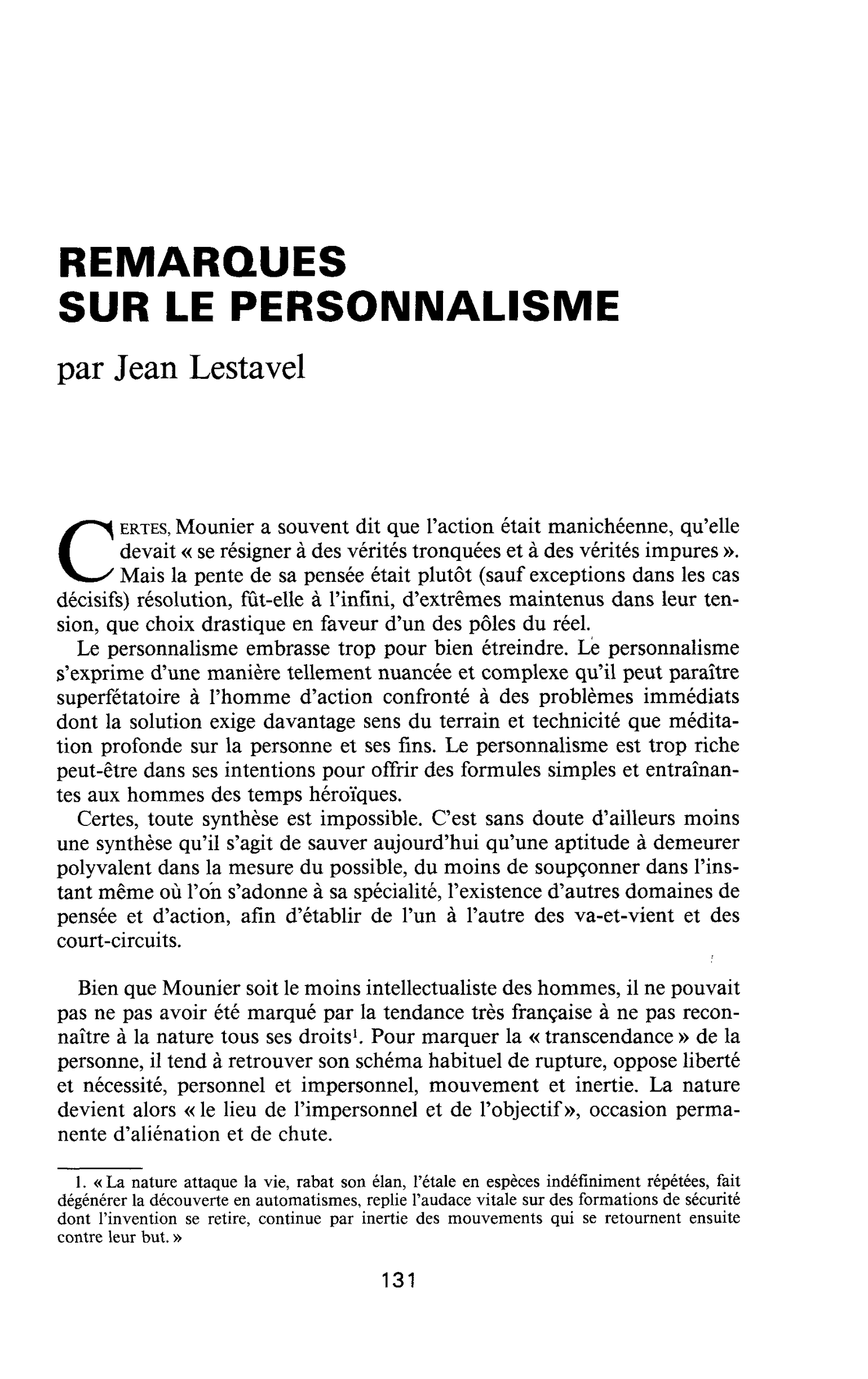 REMARQUES SUR LE PERSONNALISME