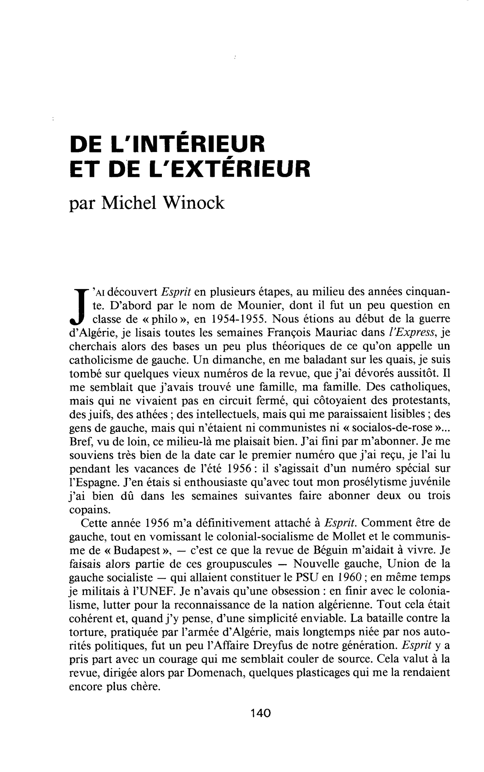 DE L’INTÉRIEUR ET DE L’EXTÉRIEUR
