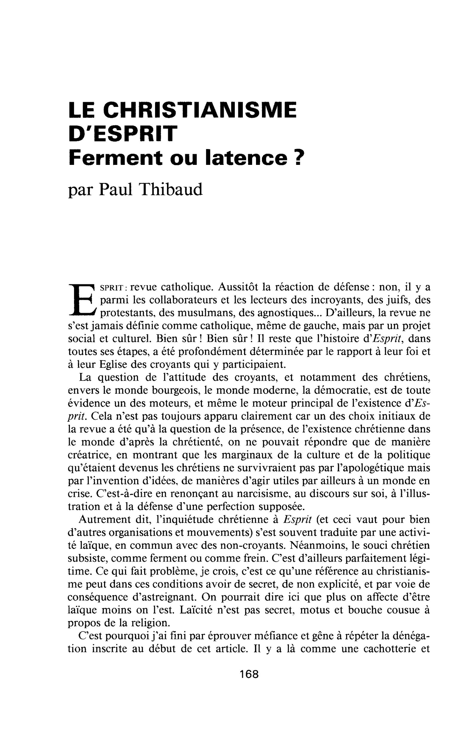 LE CHRISTIANISME D’ESPRIT. Ferment ou latence ?