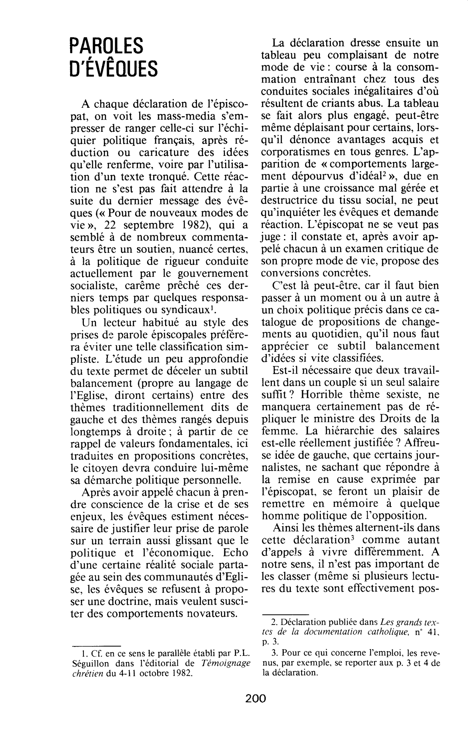 PAROLES D’ÉVÊQUES
