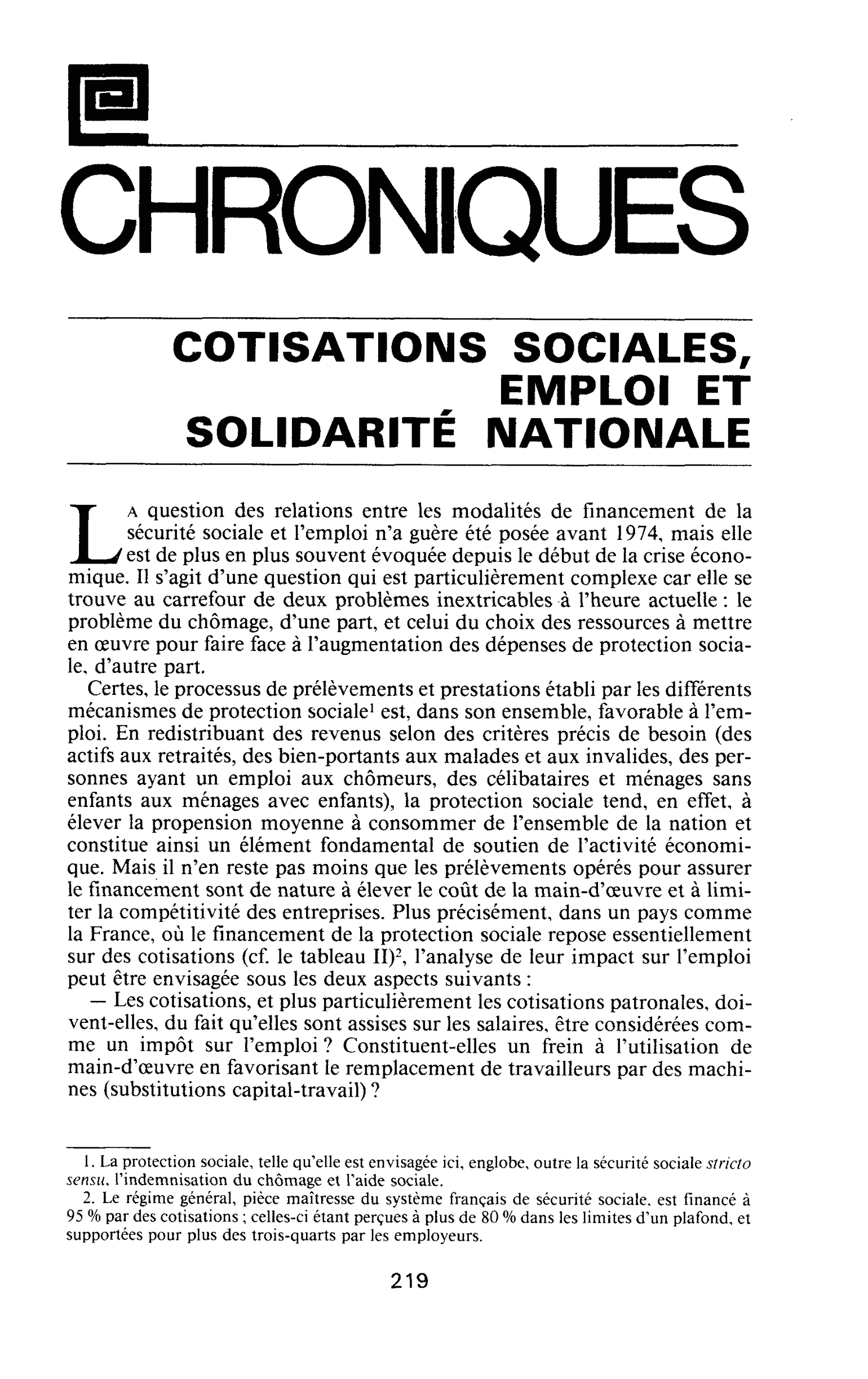 COTISATIONS SOCIALES, EMPLOI ET SOLIDARITÉ NATIONALE