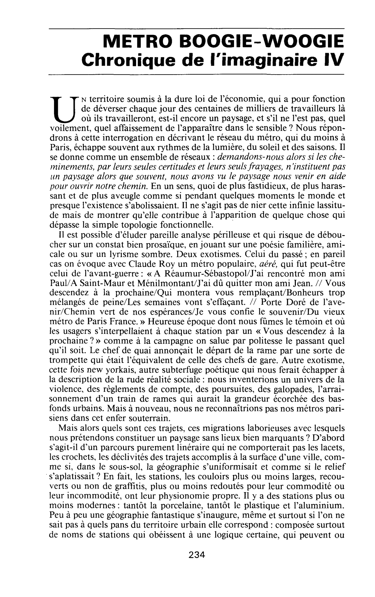 METRO BOOGIE WOOGIE. Chronique de l’imaginaire IV