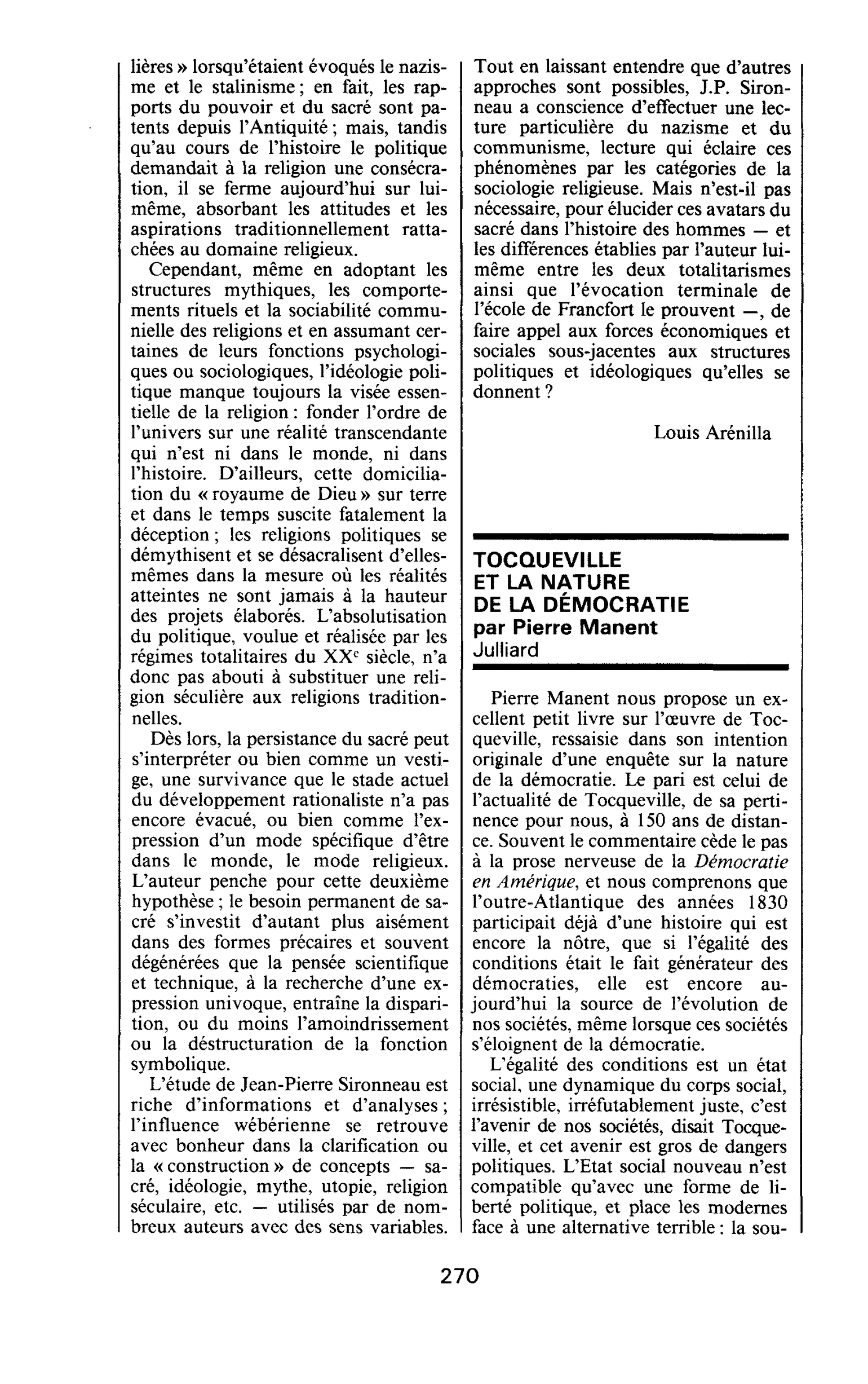TOCQUEVILLE ET LA NATURE DE LA DÉMOCRATIE par Pierre Manent