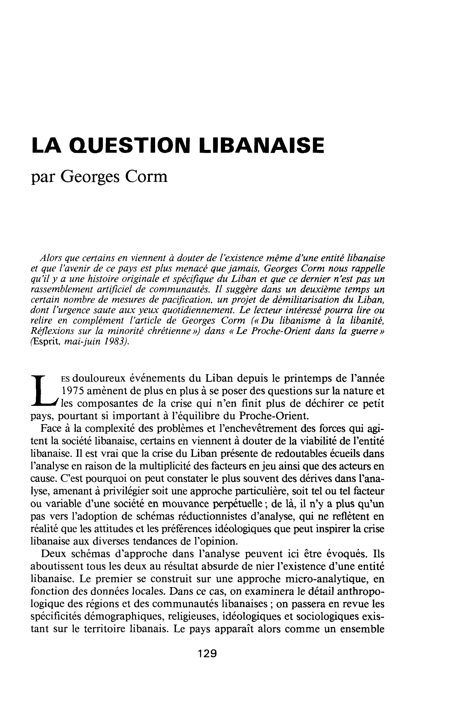 LA QUESTION LIBANAISE